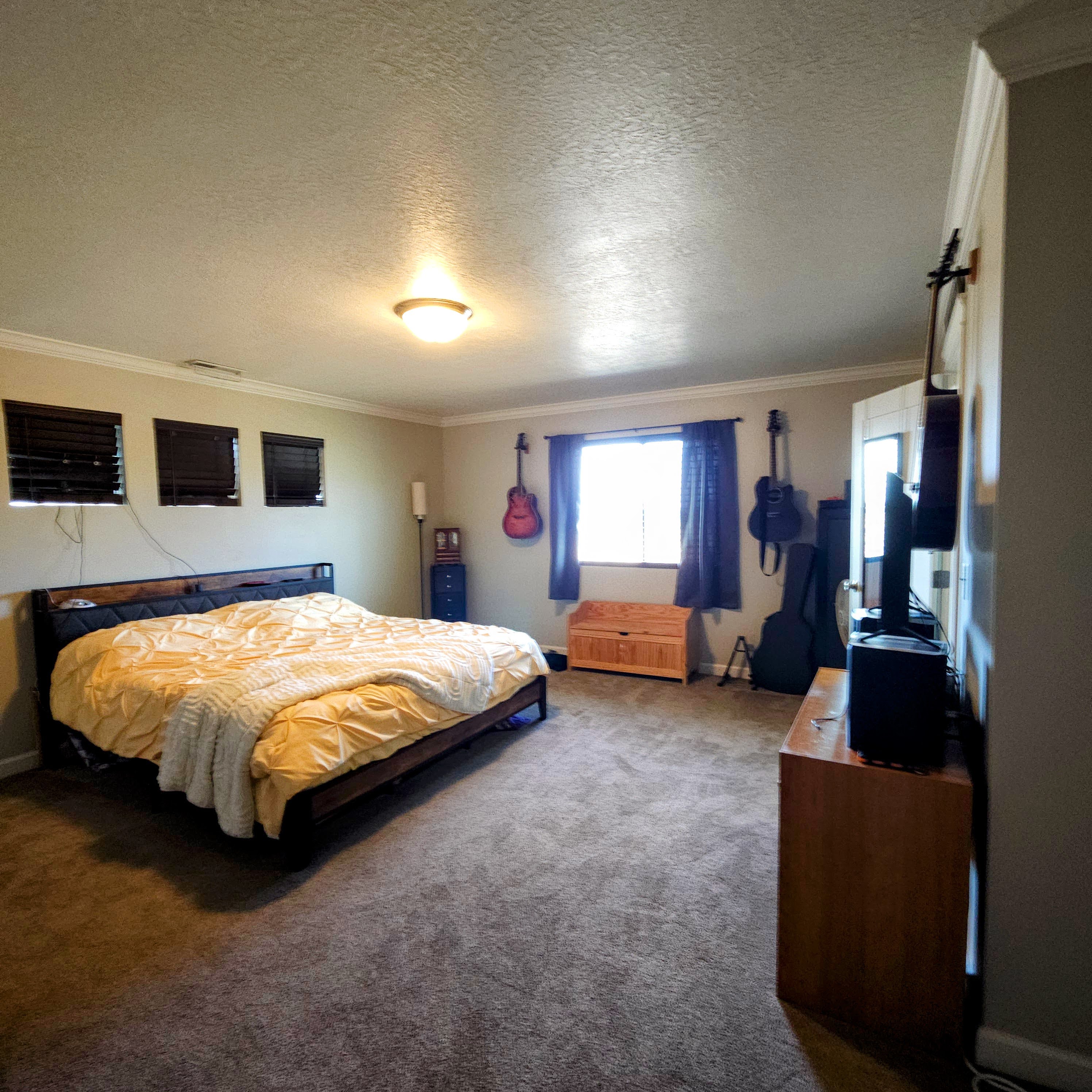 Spacious room featuring carpeted flooring, crown molding, a ceiling-mounted light fixture, and windows with blinds and curtains
