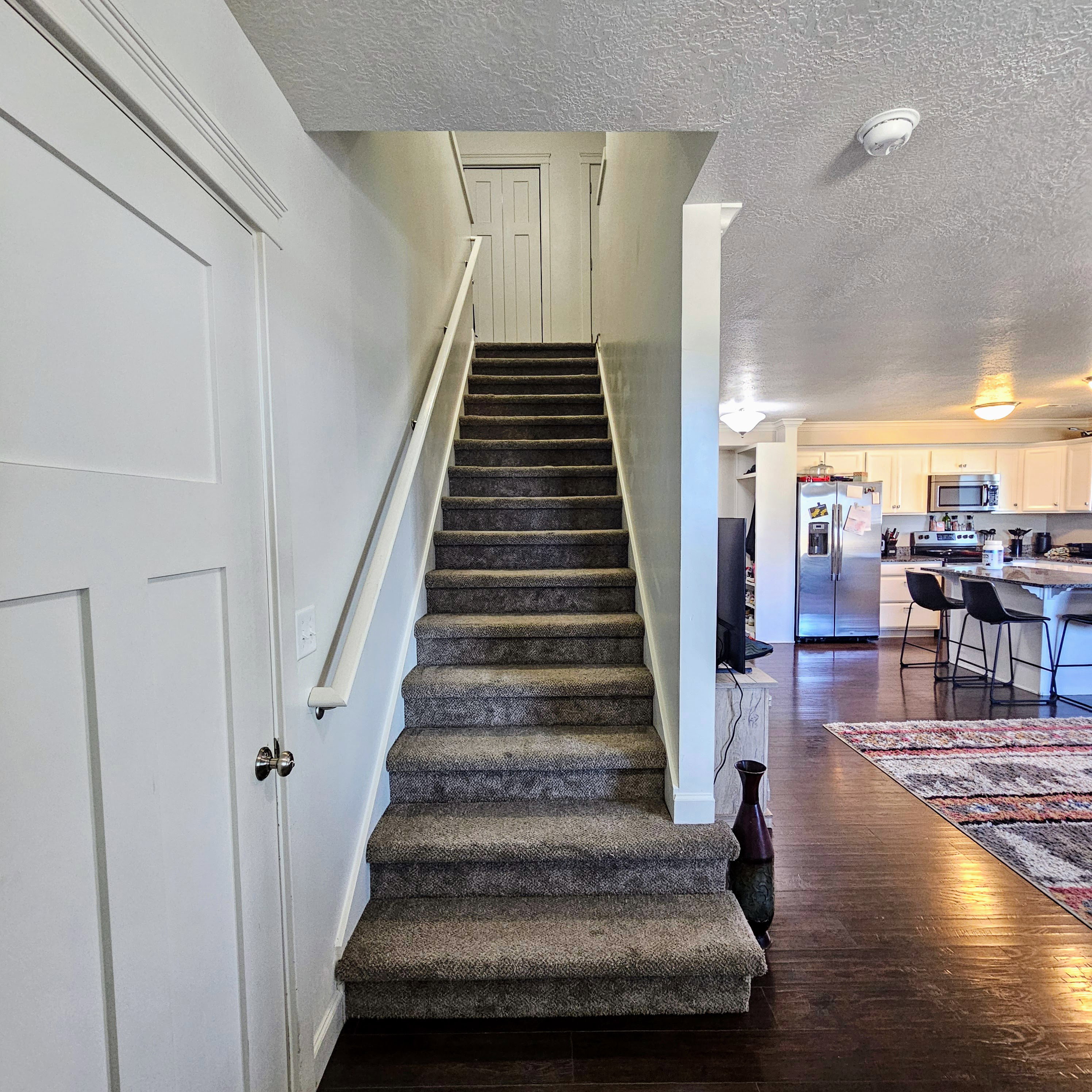 Carpeted staircase with white handrail and paneled door, dark wood-finish flooring, and a kitchen featuring white cabinetry and stainless steel appliances