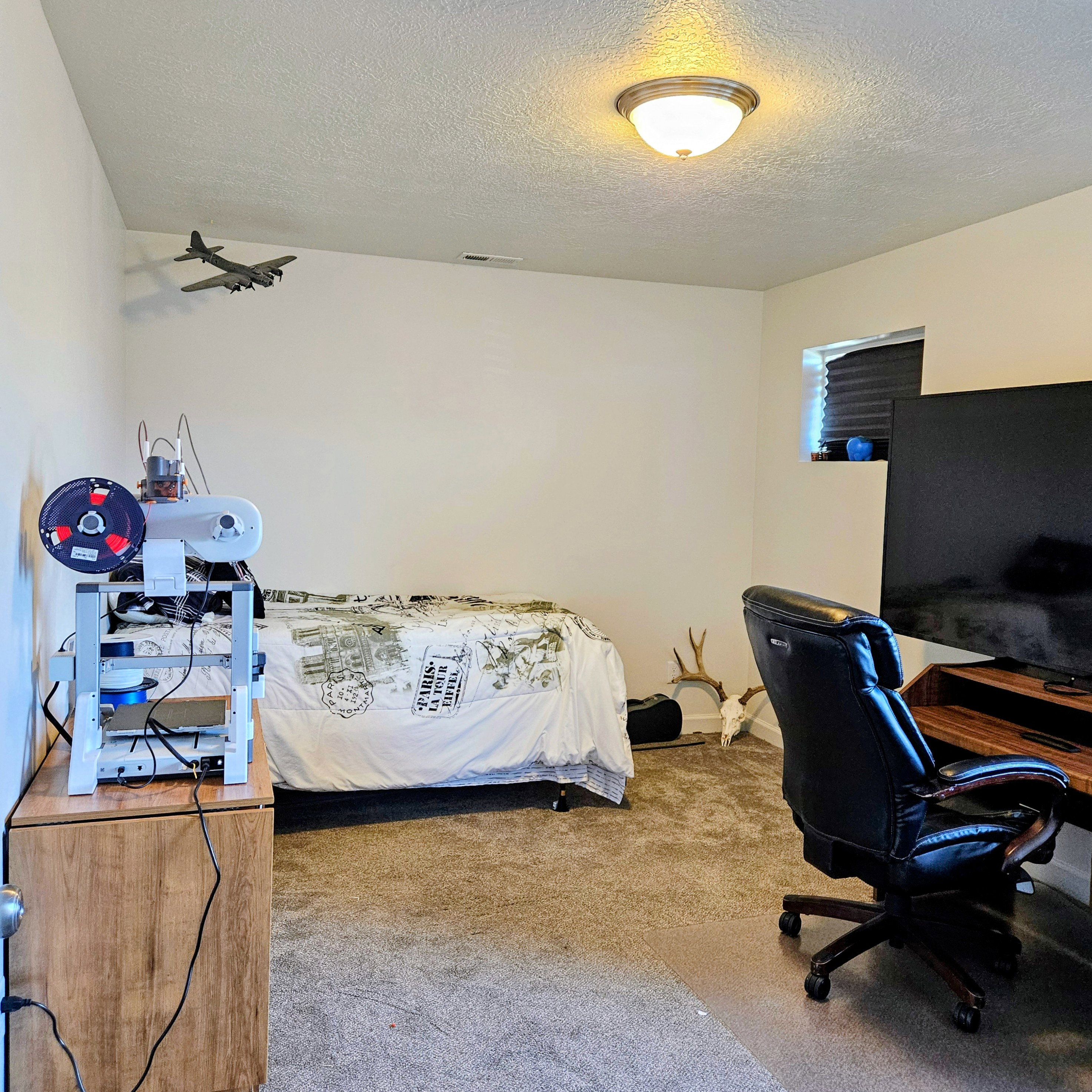 Recessed window opening with horizontal blinds, overhead flush mount light fixture, and plush carpet flooring