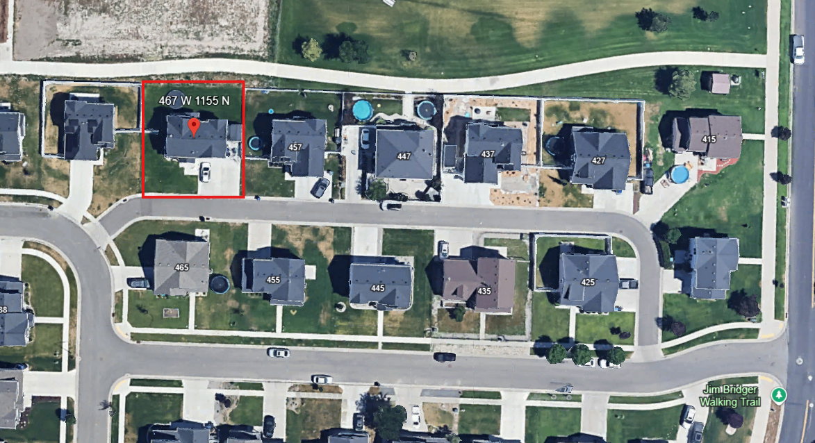 Aerial Property View. Illustrating the property at 467 W 1155 N and its immediate surroundings