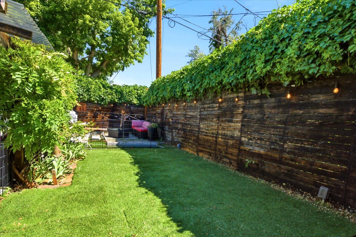 Fenced backyard featuring artificial turf, mature perimeter greenery, wood plank fencing, and string lighting