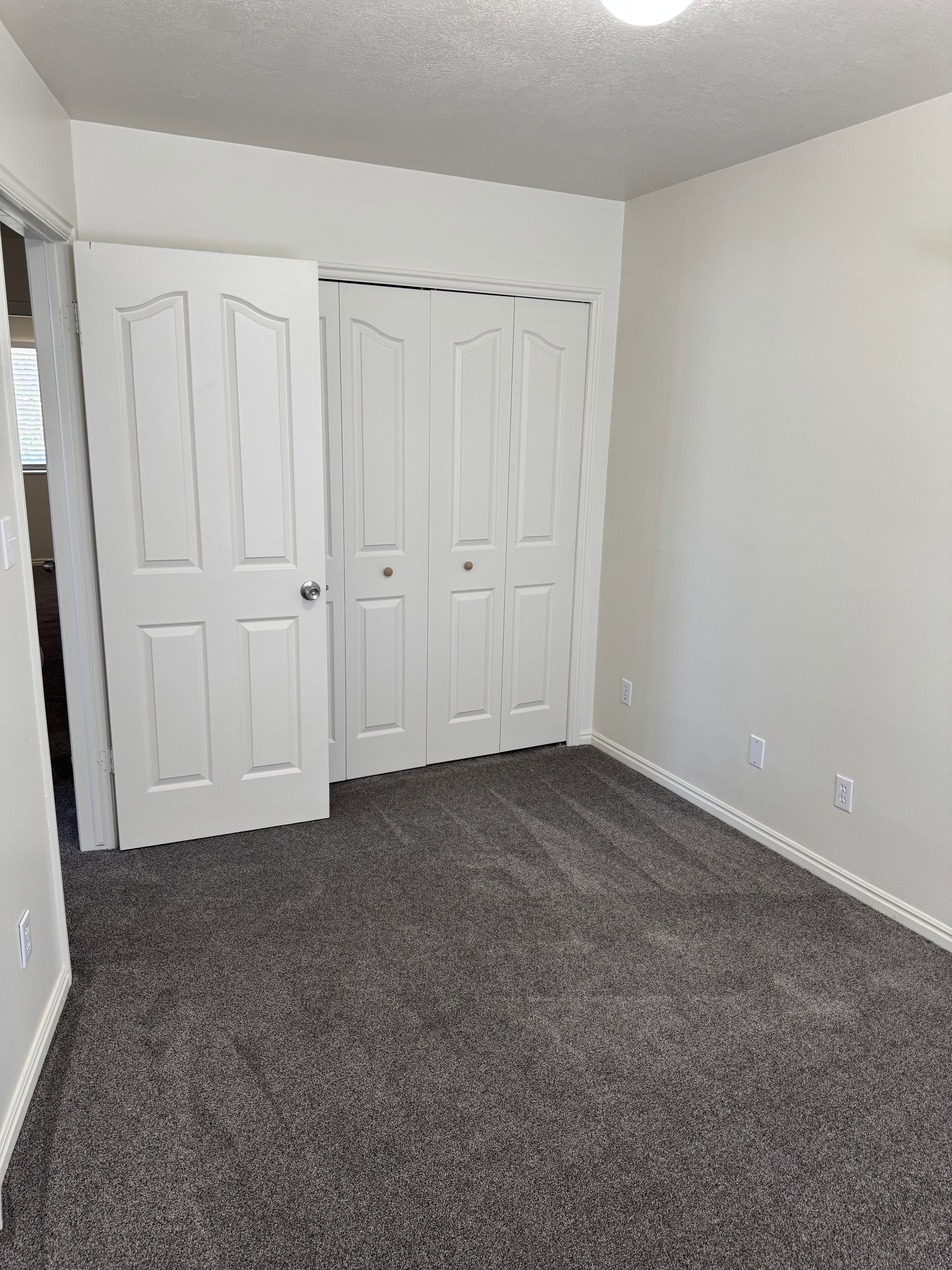 Neutral-toned walls complement the dark gray carpet flooring