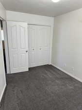 Neutral-toned walls complement the dark gray carpet flooring