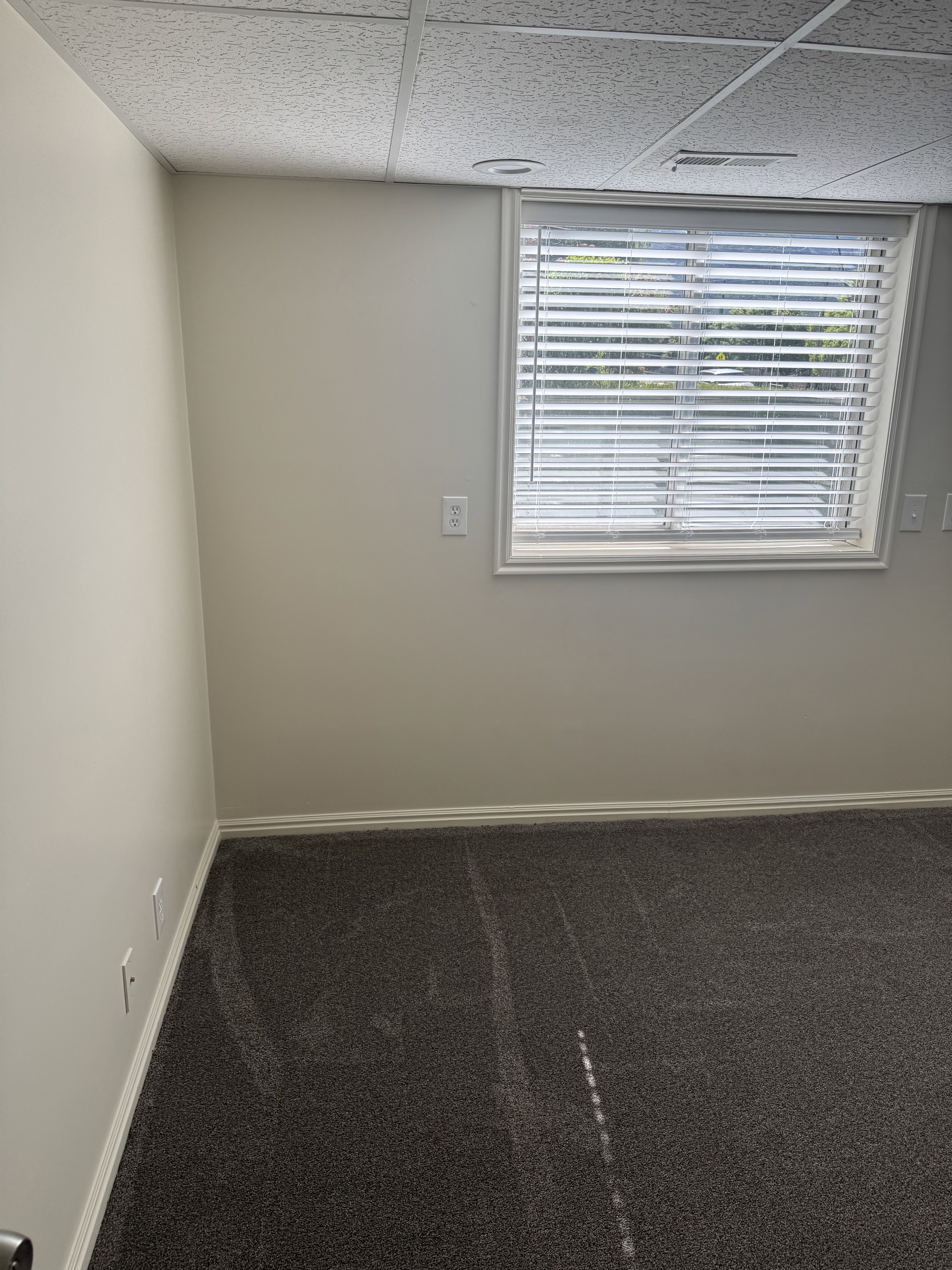 Room featuring a window with horizontal blinds, neutral wall paint, white trim, dark gray carpeting, and a drop ceiling