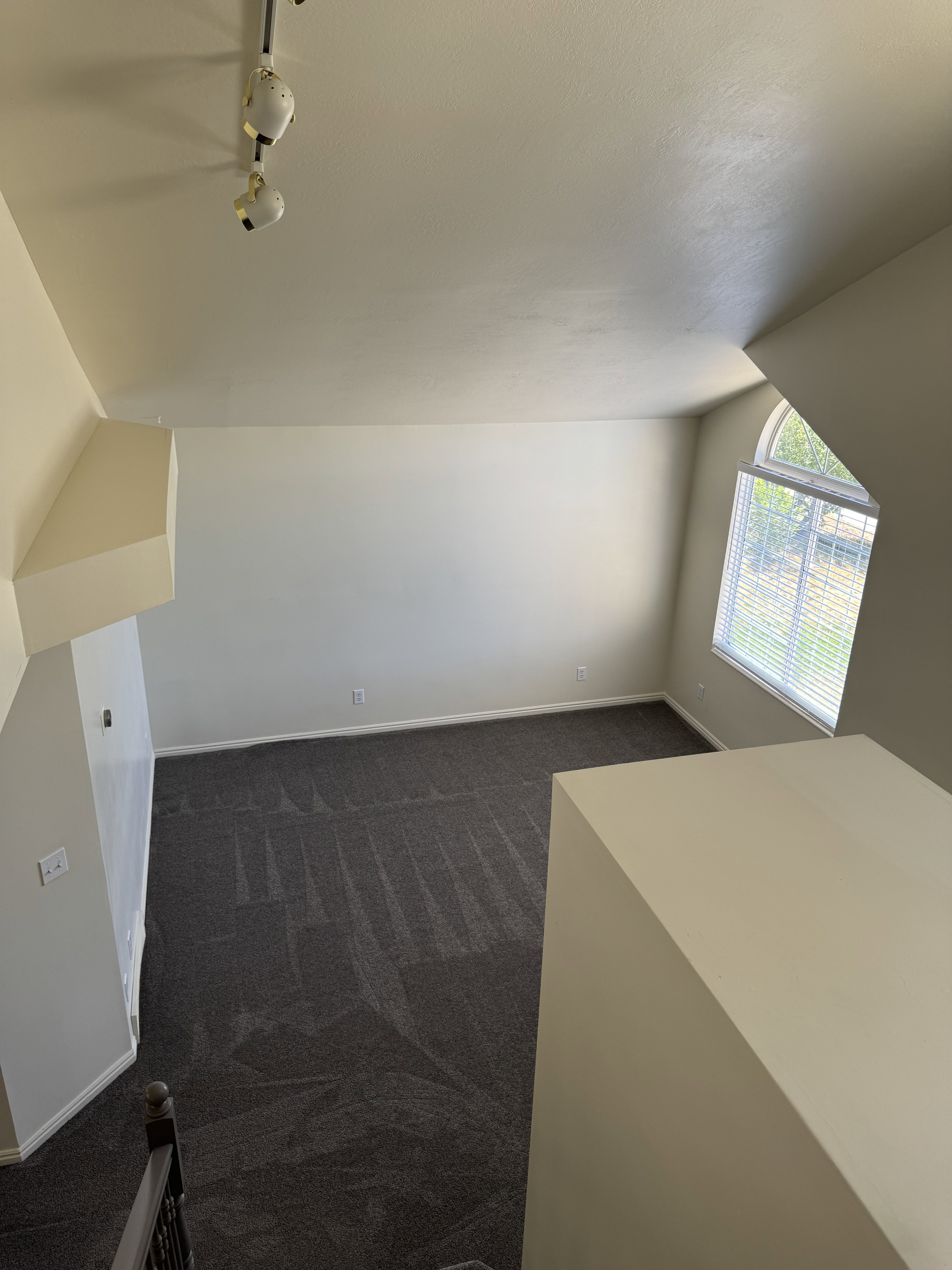 Vaulted ceilings with track lighting illuminate this carpeted room featuring a large arched window with blinds