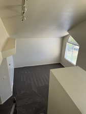Vaulted ceilings with track lighting illuminate this carpeted room featuring a large arched window with blinds