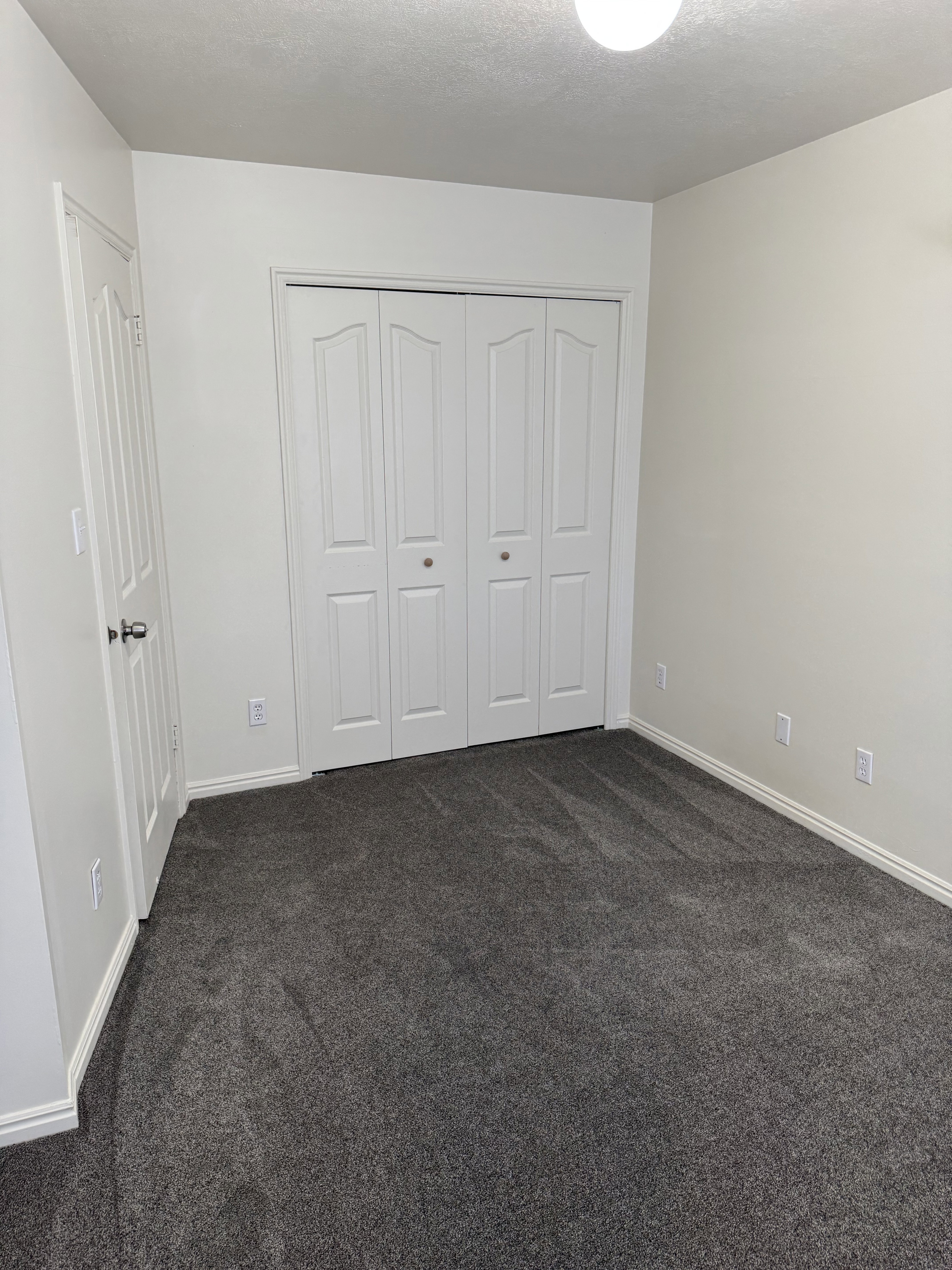 Room featuring dark gray carpeting, white walls, and a white bi-fold closet door