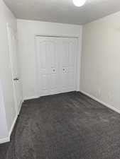 Room featuring dark gray carpeting, white walls, and a white bi-fold closet door