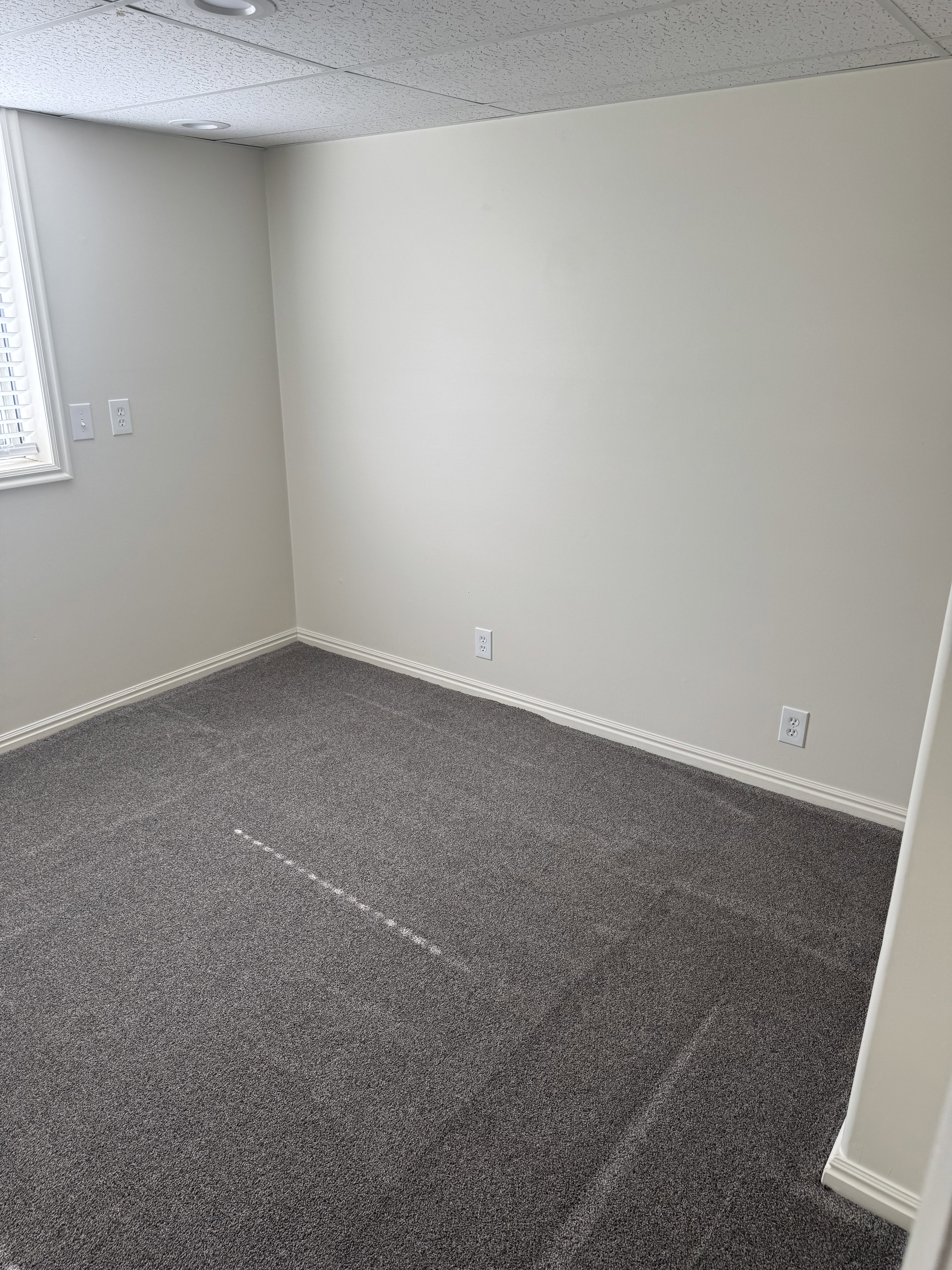 Neutral wall finishes complement the dark gray carpeting