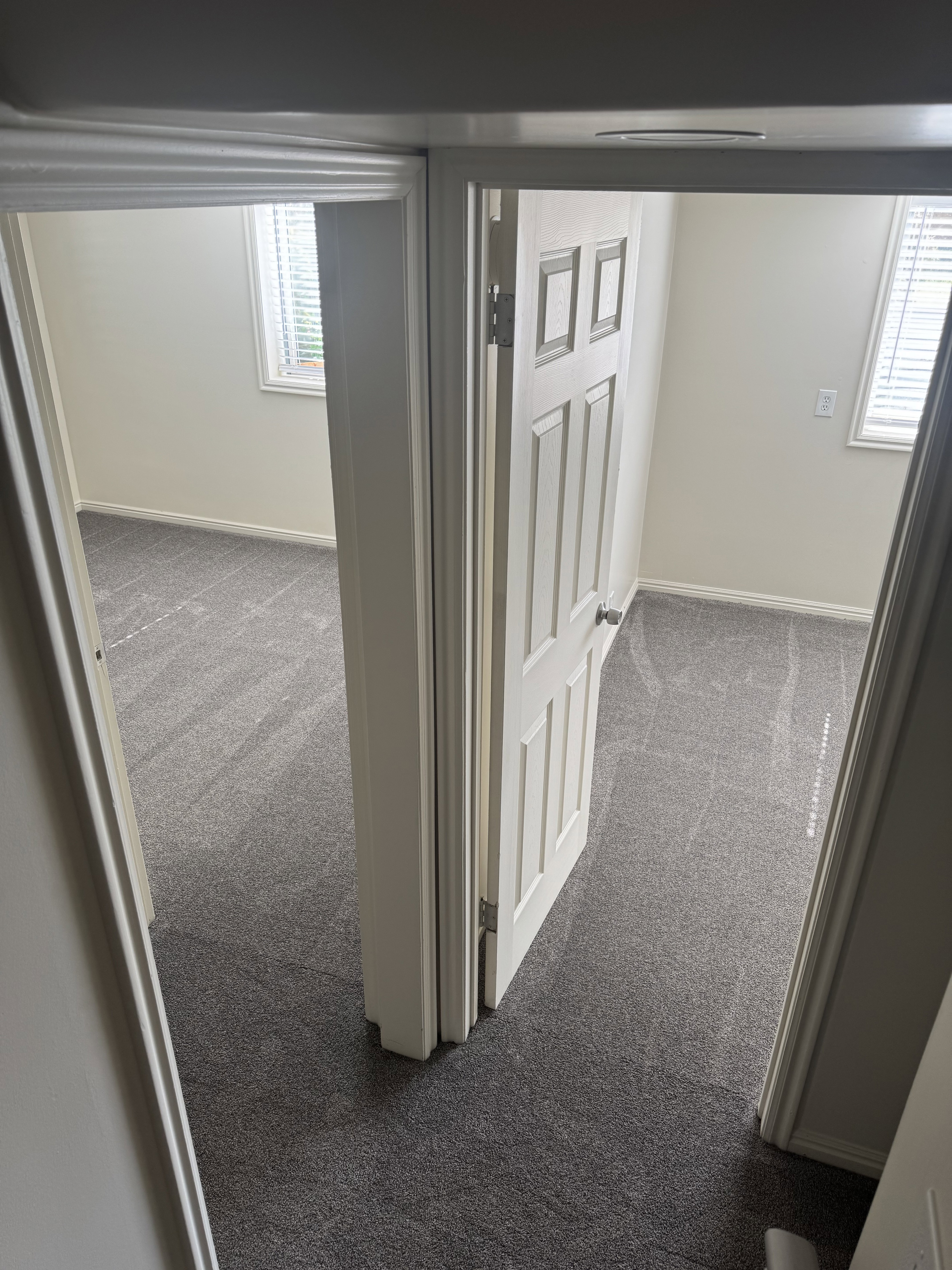 Corridor with neutral wall paint and gray carpeting, featuring two doorways with white trim and paneled doors