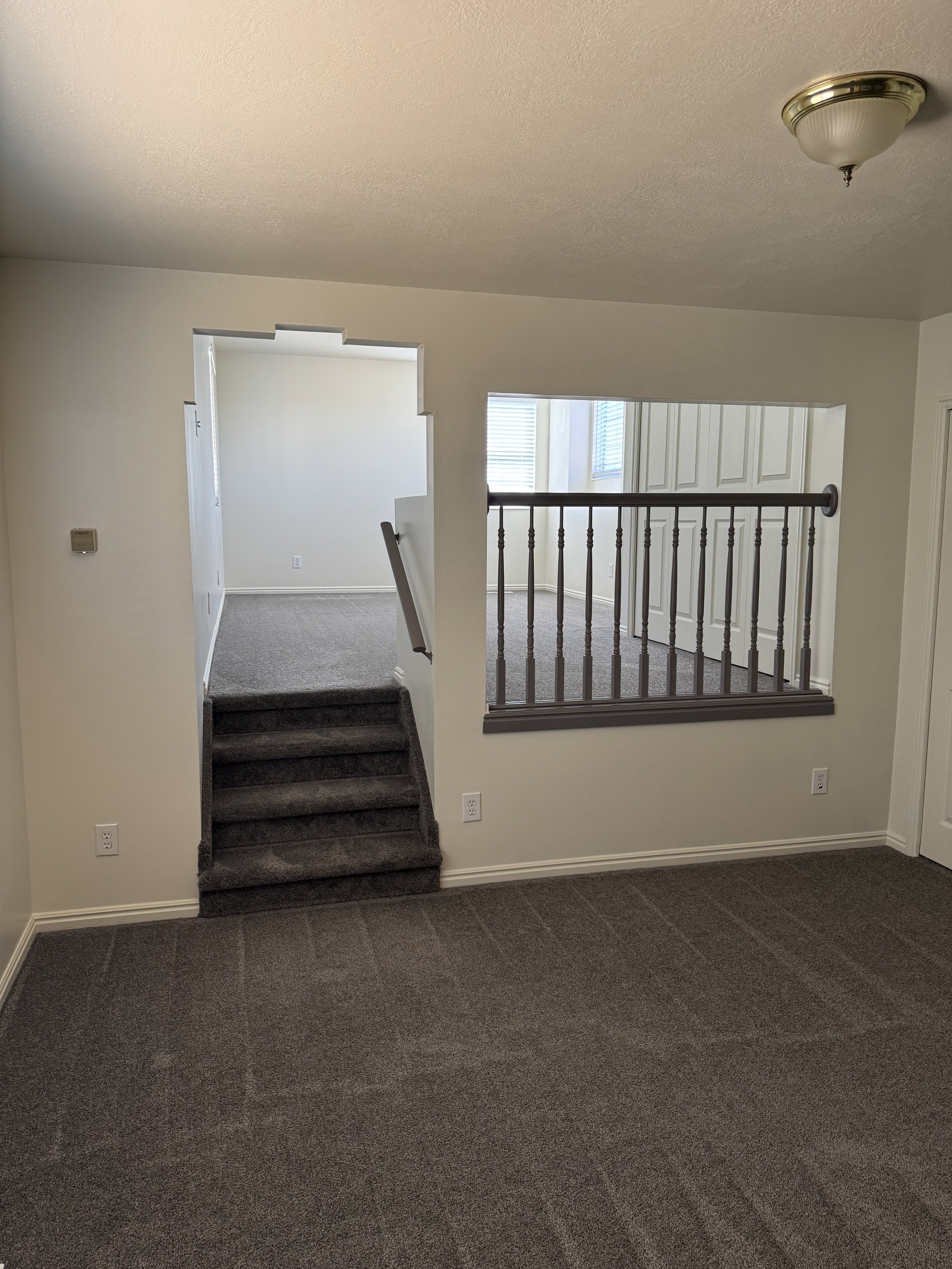 Multi-level interior featuring a carpeted staircase with white risers and a dark gray handrail