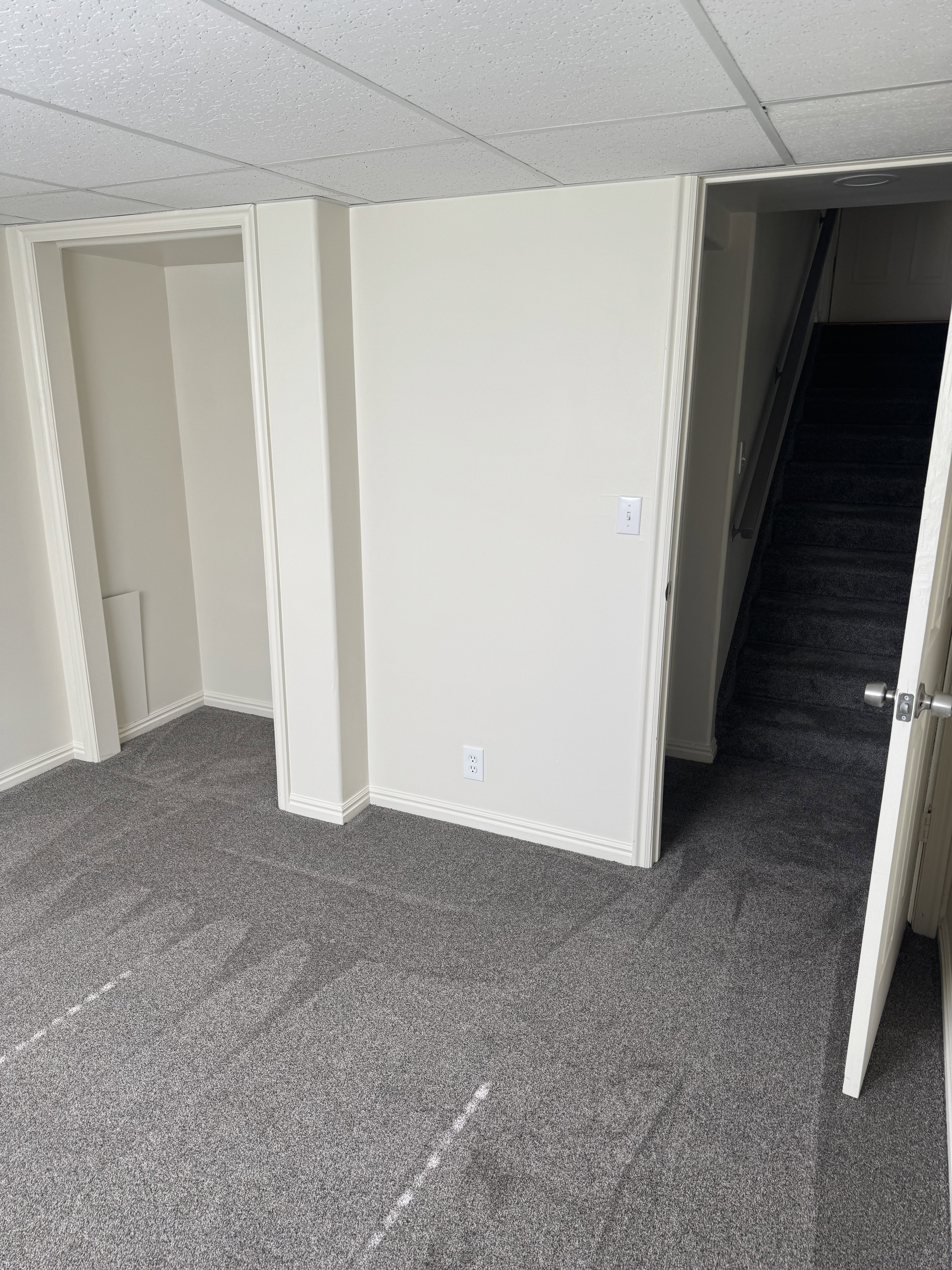 Textured gray carpeting throughout, featuring white baseboards and trim