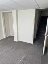 Textured gray carpeting throughout, featuring white baseboards and trim