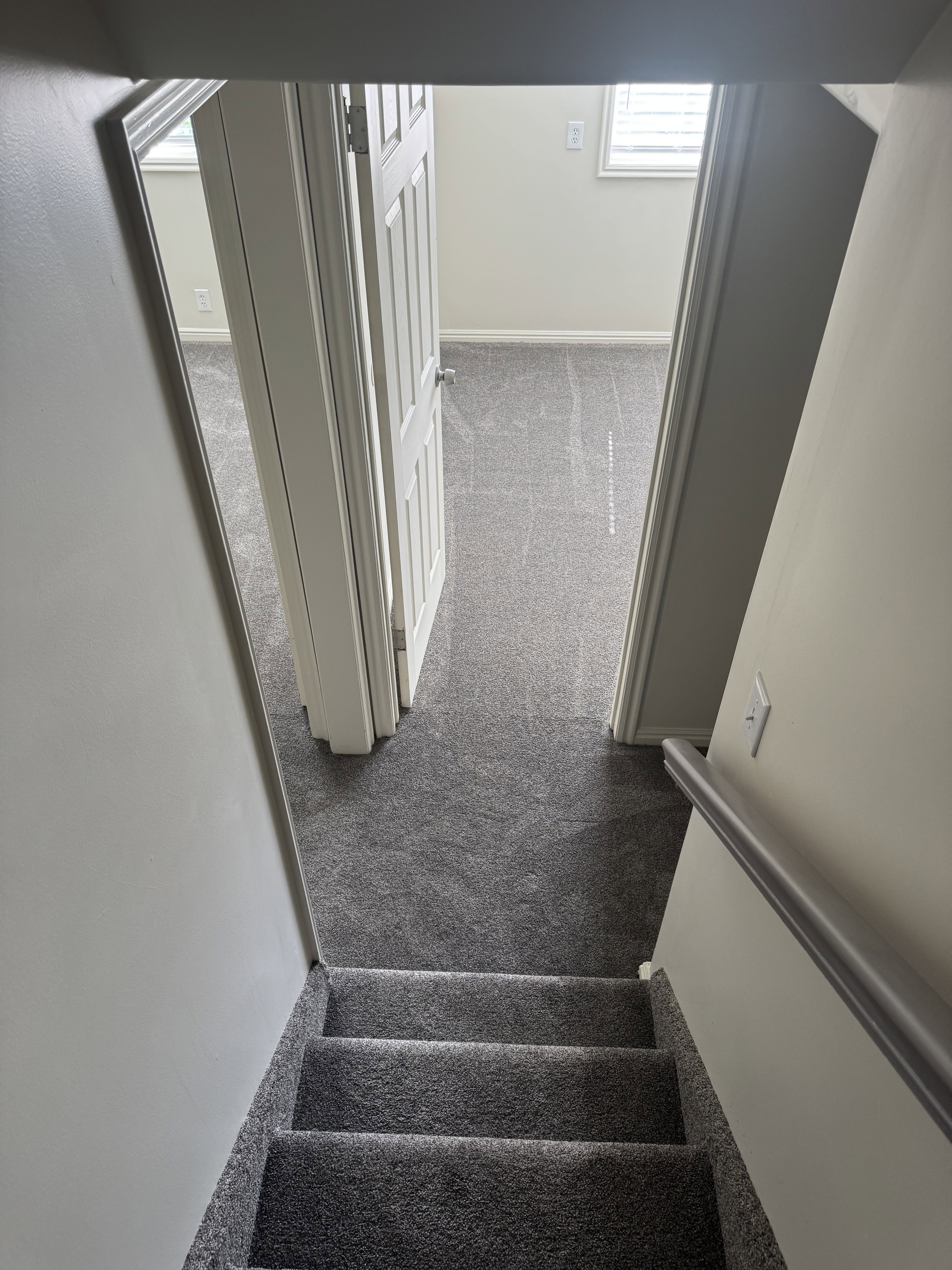 Carpeted staircase featuring a handrail, leading to a carpeted landing with two doorways