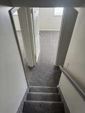 Carpeted staircase featuring a handrail, leading to a carpeted landing with two doorways
