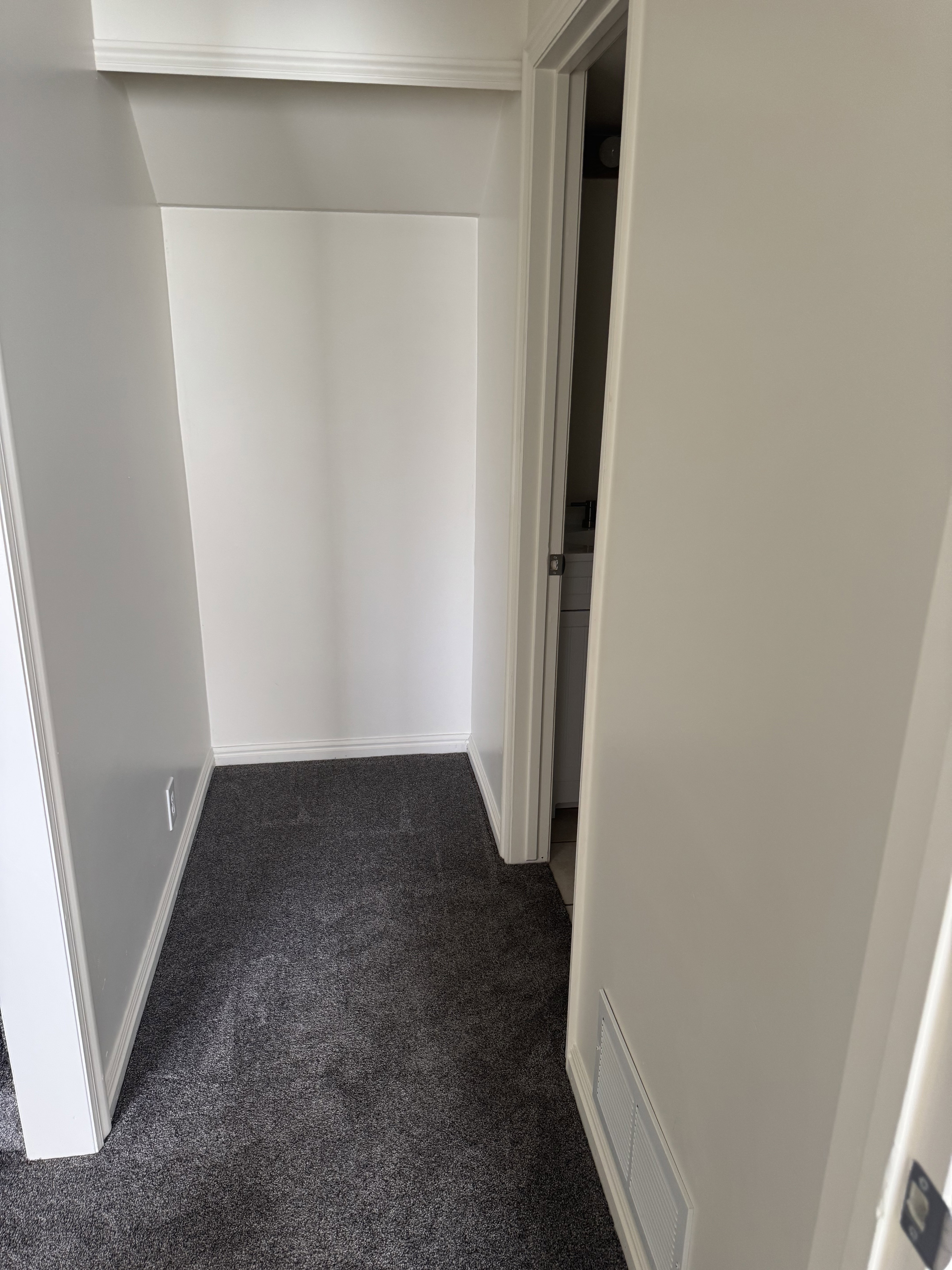 Recessed closet area featuring white walls and dark gray carpet flooring