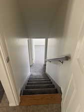 Carpeted staircase with light gray carpeting and a wood-finish baseboard, complemented by a wall-mounted handrail