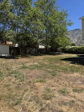 Expansive backyard area featuring mature deciduous trees and a mountain backdrop