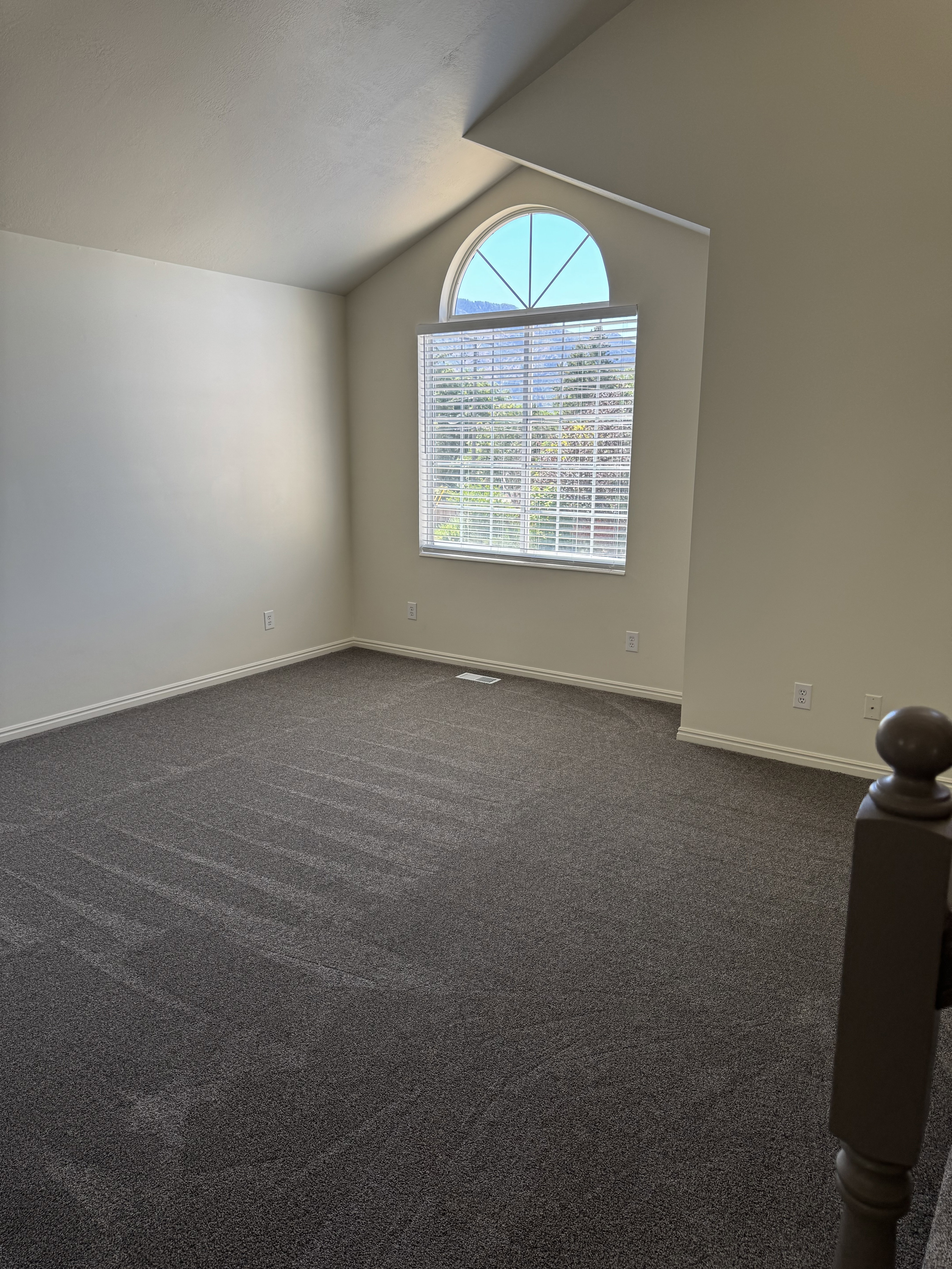 Spacious room featuring vaulted ceilings, a large arched-top window, and dark carpet flooring