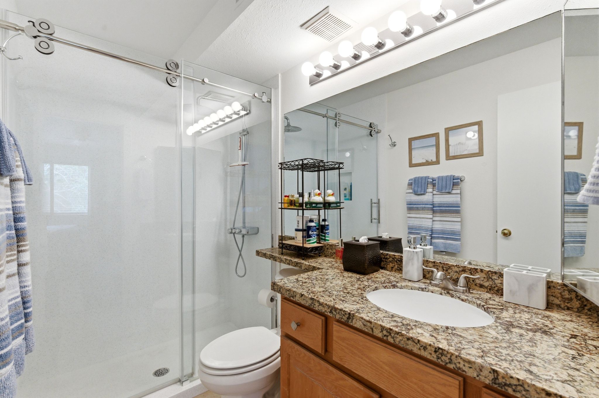 Bathroom featuring a full vanity with granite countertop and undermount sink, large mirror, and full glass-enclosed shower with sliding door