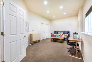 Spacious room featuring neutral carpeting, recessed lighting, and a white six-panel door