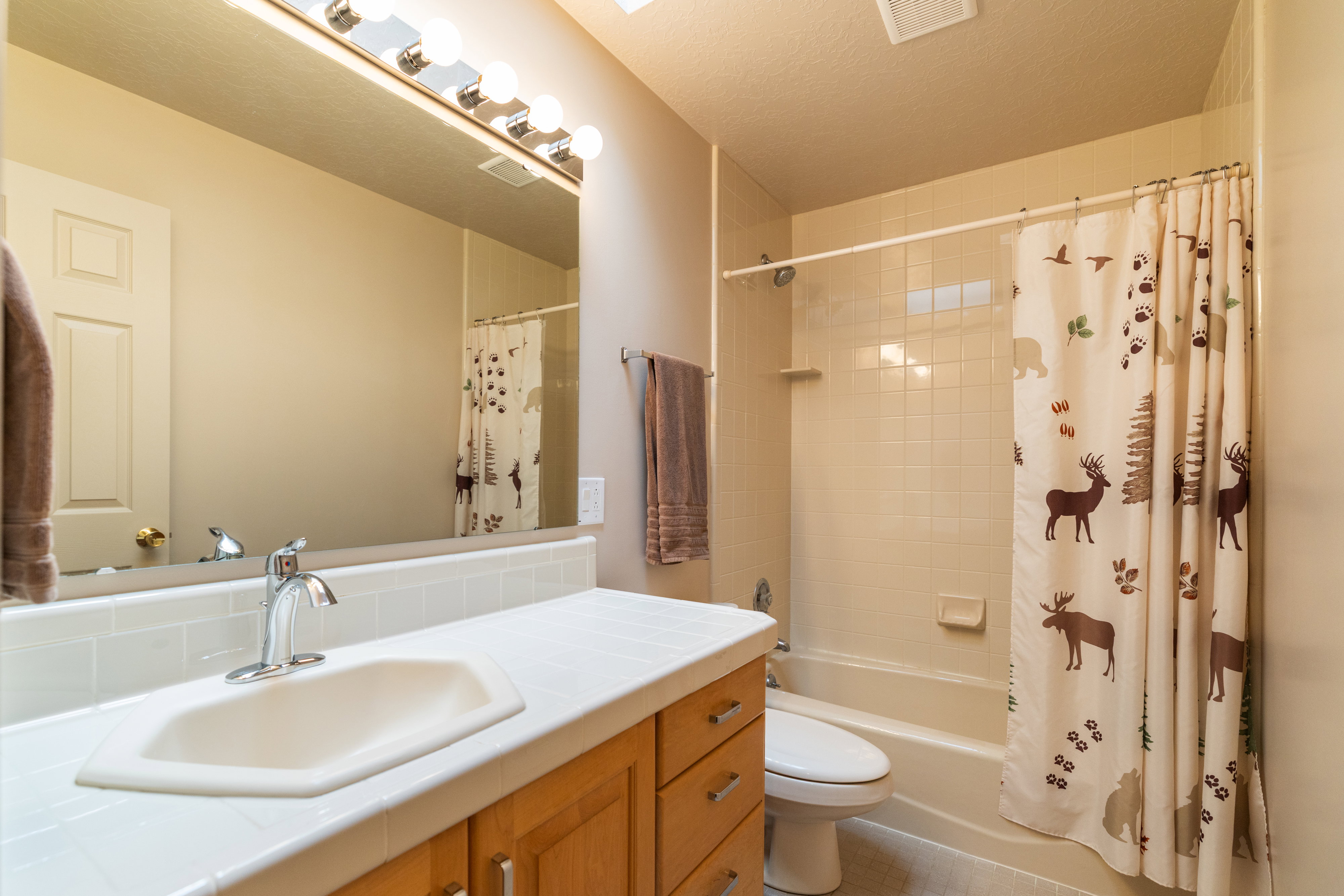Full bathroom featuring a single vanity, integrated sink, and wood cabinetry