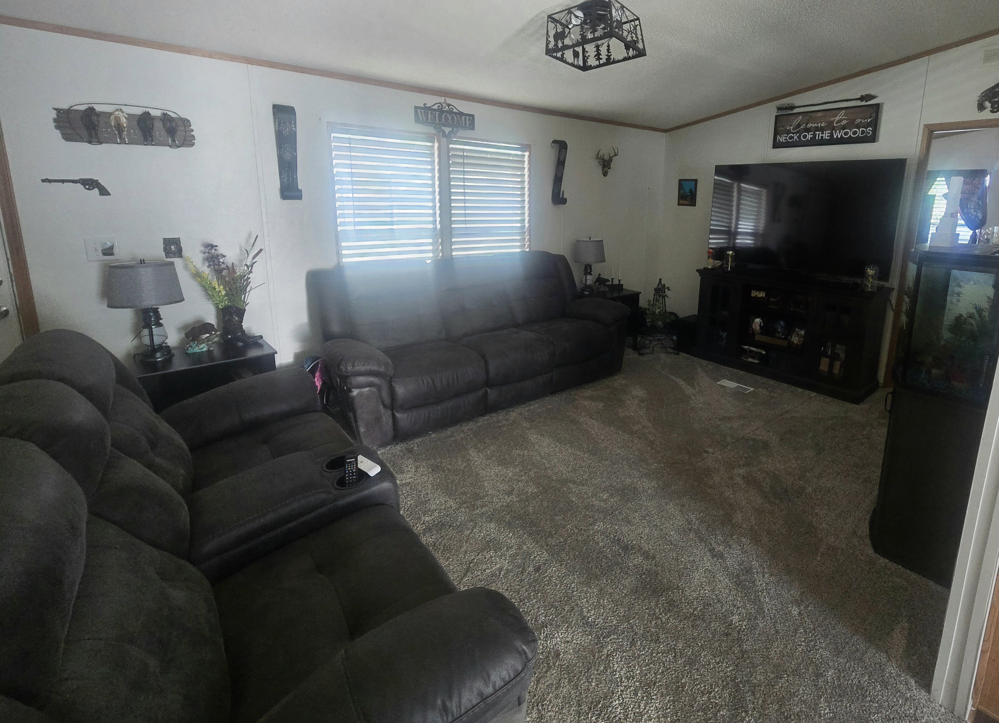 Spacious living area featuring light-toned walls and plush carpeting