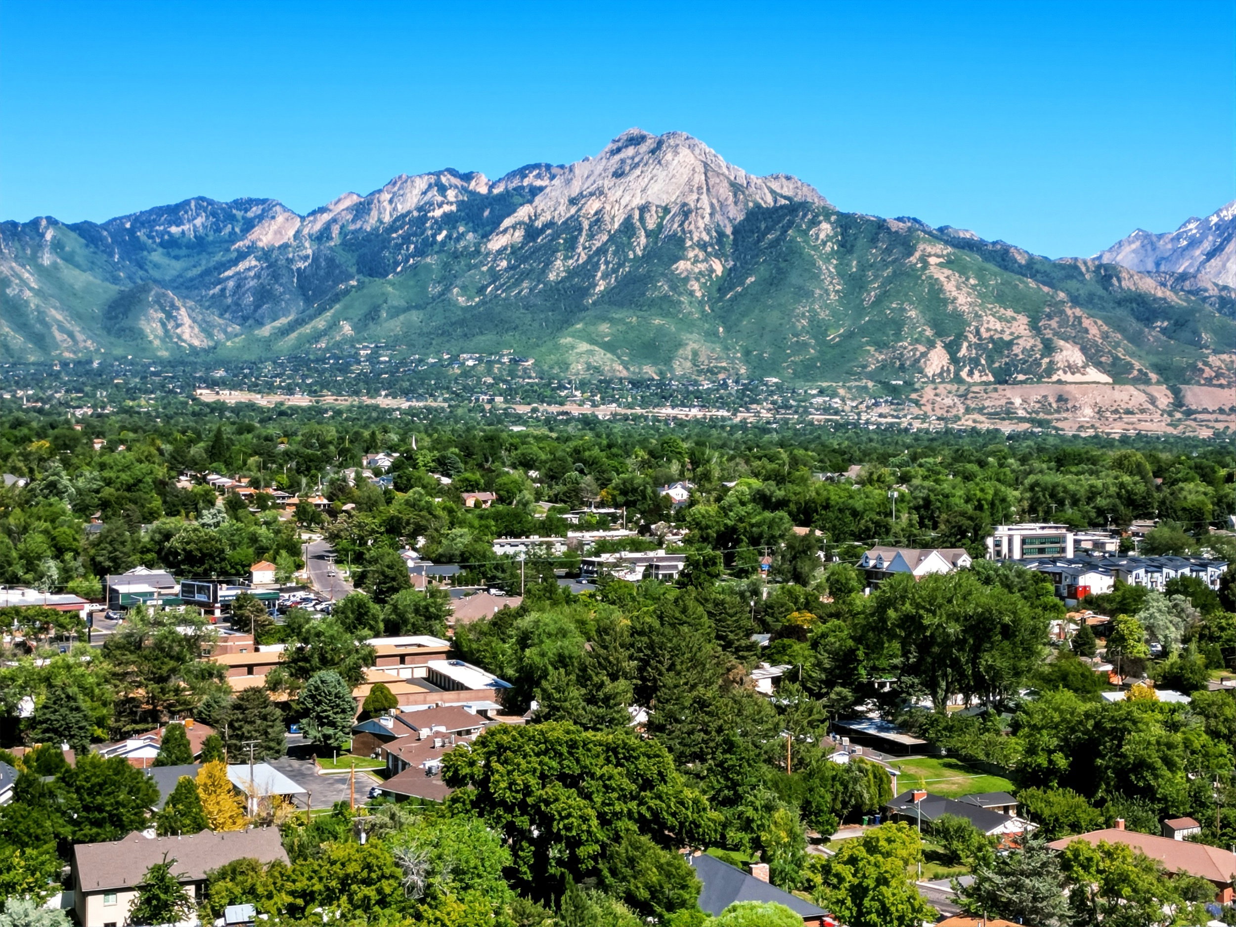 Expansive mountain range backdrop framing a residential area with mature tree coverage