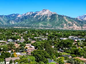 Expansive mountain range backdrop framing a residential area with mature tree coverage