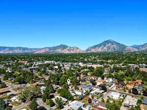 Expansive aerial perspective showcasing a residential area with varied architectural styles, abundant mature trees, and mountainous terrain in the background