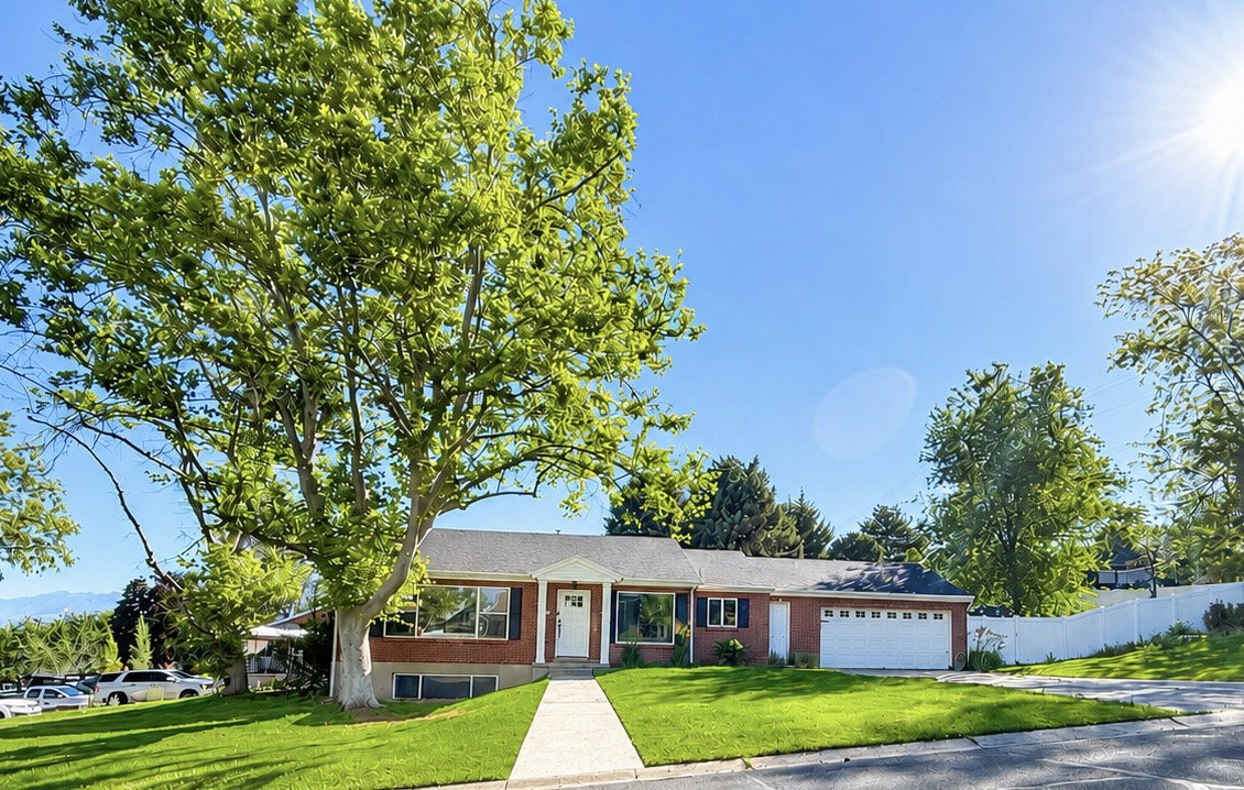 Traditional brick-front ranch-style residence featuring a prominent mature tree, a manicured lawn, a concrete walkway, and an attached two-car garage