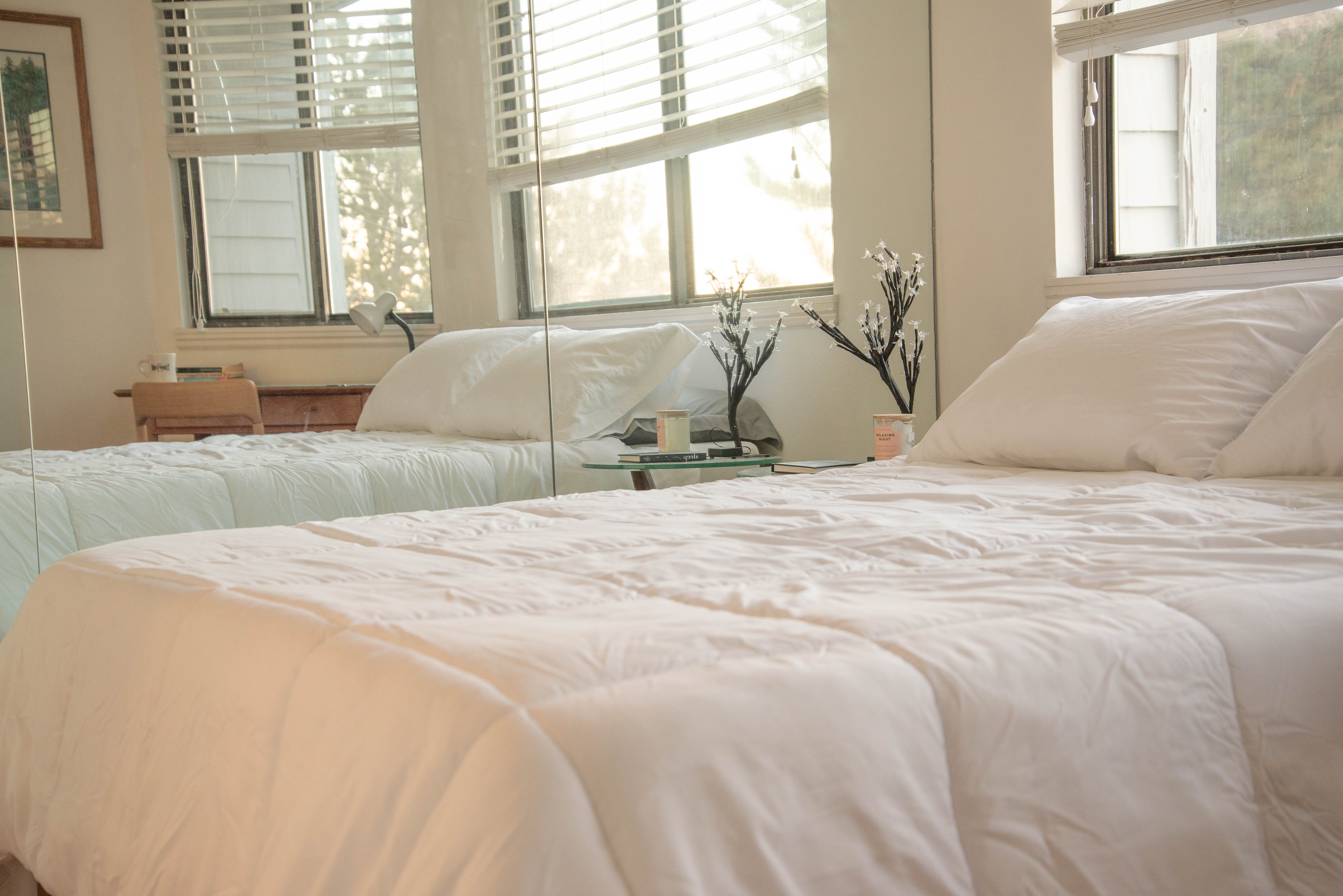 Bedroom featuring multiple windows with horizontal blinds, a mirrored wall, and a light-colored wall finish