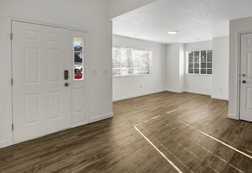 Entryway featuring a paneled door with an adjacent sidelight, wood-finish flooring, white baseboards, and white walls