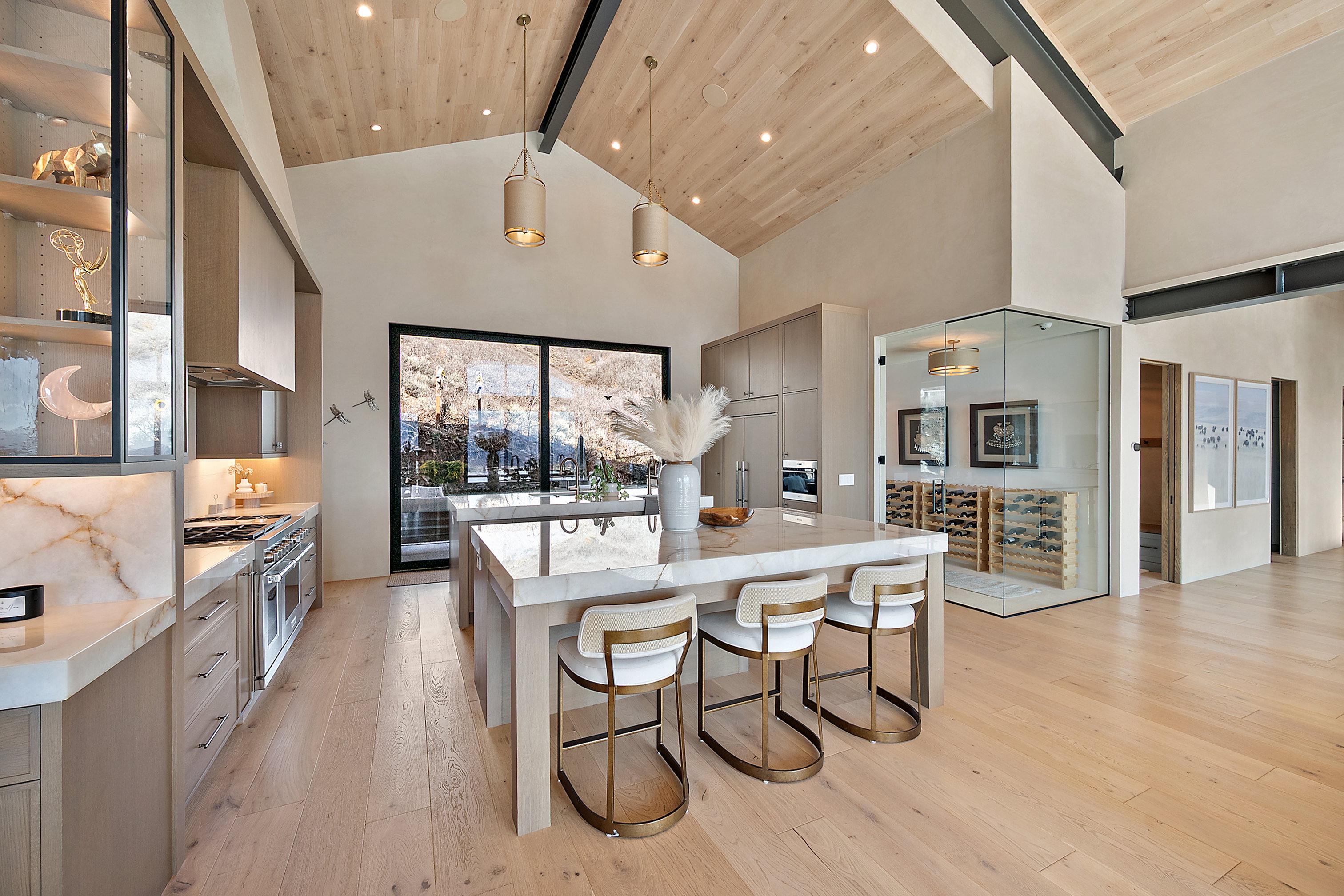 Vaulted wood-paneled ceiling with exposed beams