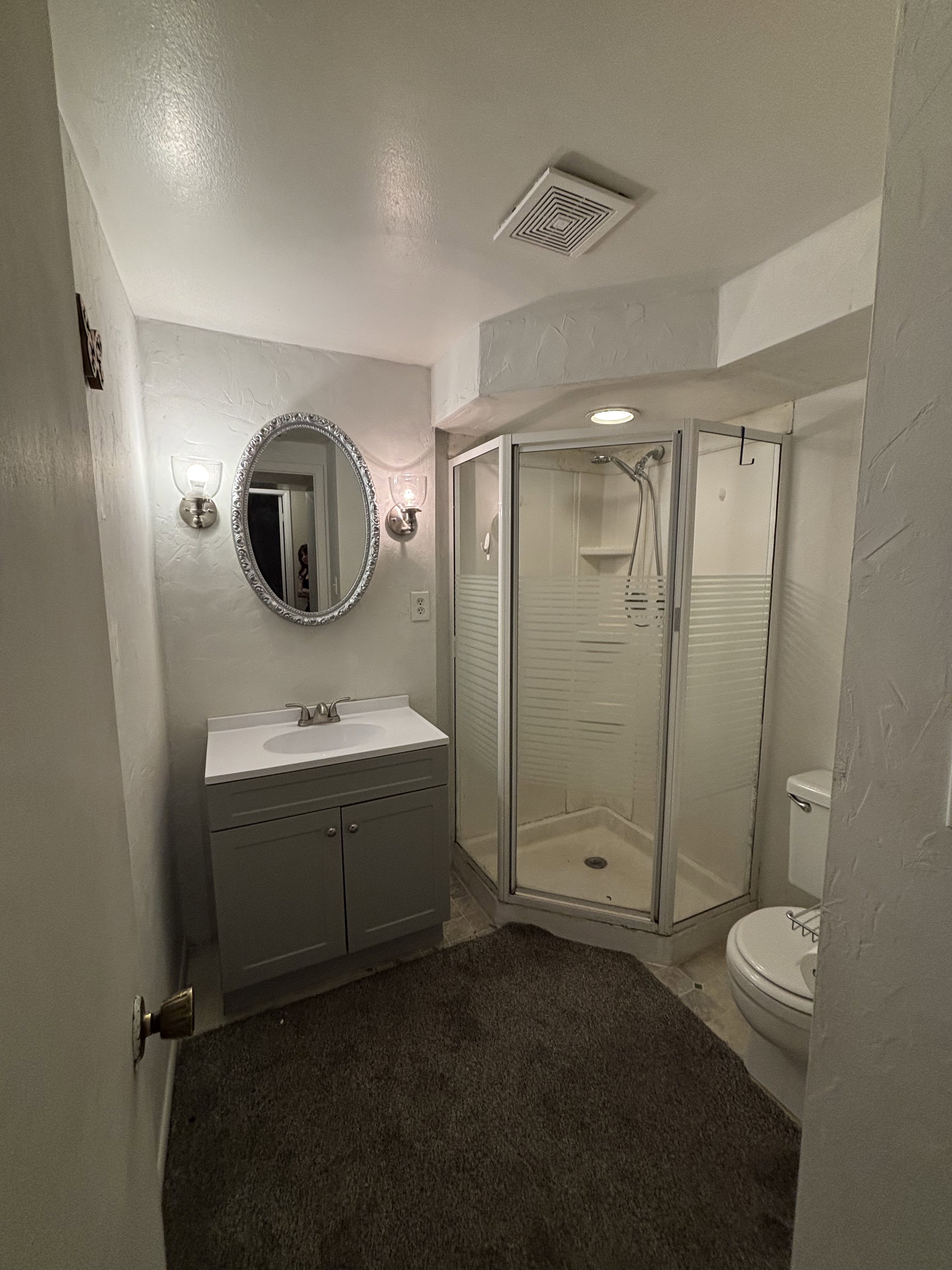 Bathroom featuring a corner shower enclosure with frosted glass, a grey vanity with an integrated sink, a framed oval mirror, and wall-mounted light fixtures