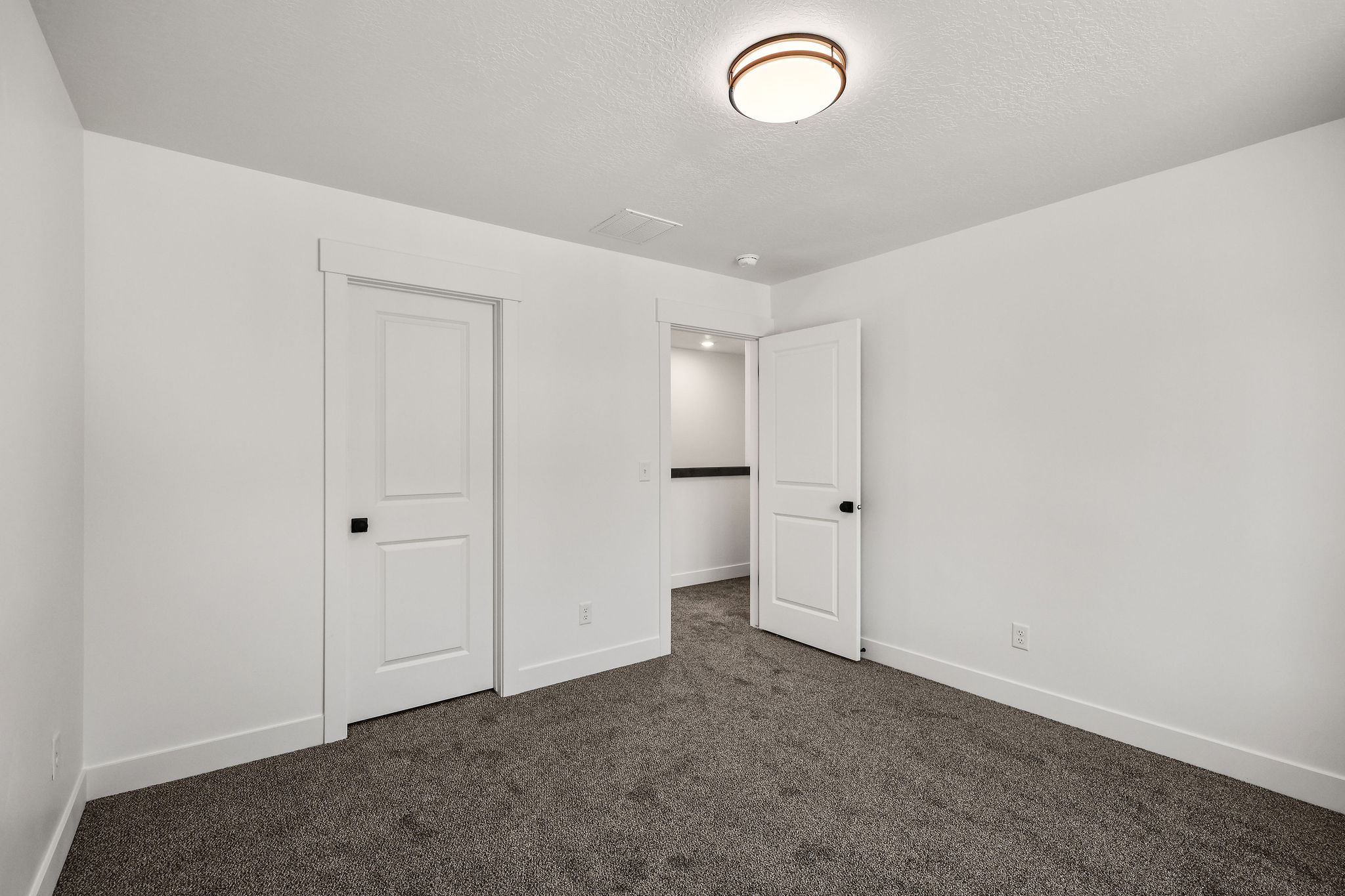 Room featuring plush gray carpet, white walls, and a contemporary flush-mount ceiling light