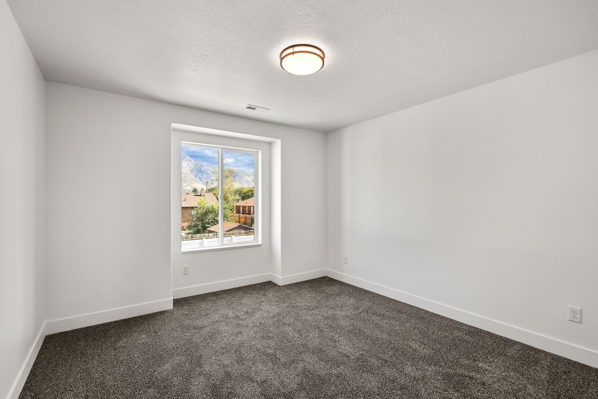 Room featuring a large window, textured gray carpeting, white walls, white baseboards, and a flush-mount ceiling fixture