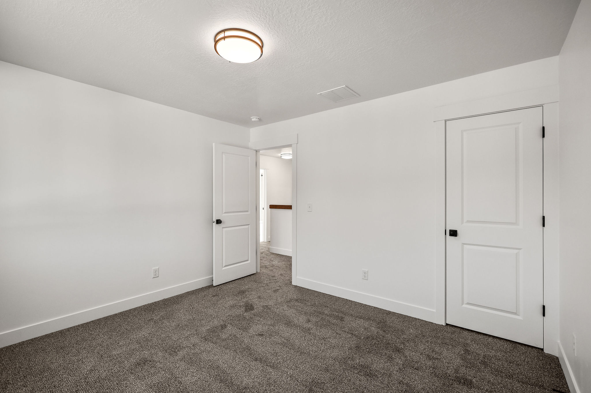 White-painted interior walls with crisp white trim, gray carpet flooring, and a semi-flush mount ceiling light fixture