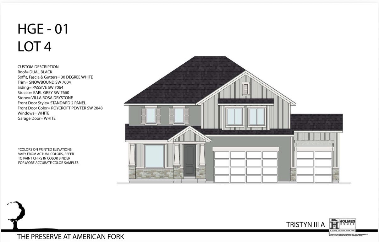 Architectural Drawing. Displaying an elevation of the property with color and material specifications