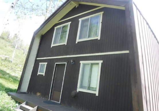 A-frame exterior featuring dark vertical siding and contrasting trim