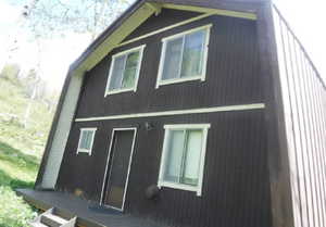 A-frame exterior featuring dark vertical siding and contrasting trim