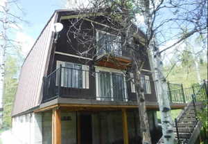 A-frame residence featuring a brown vertical siding exterior and a metal roof