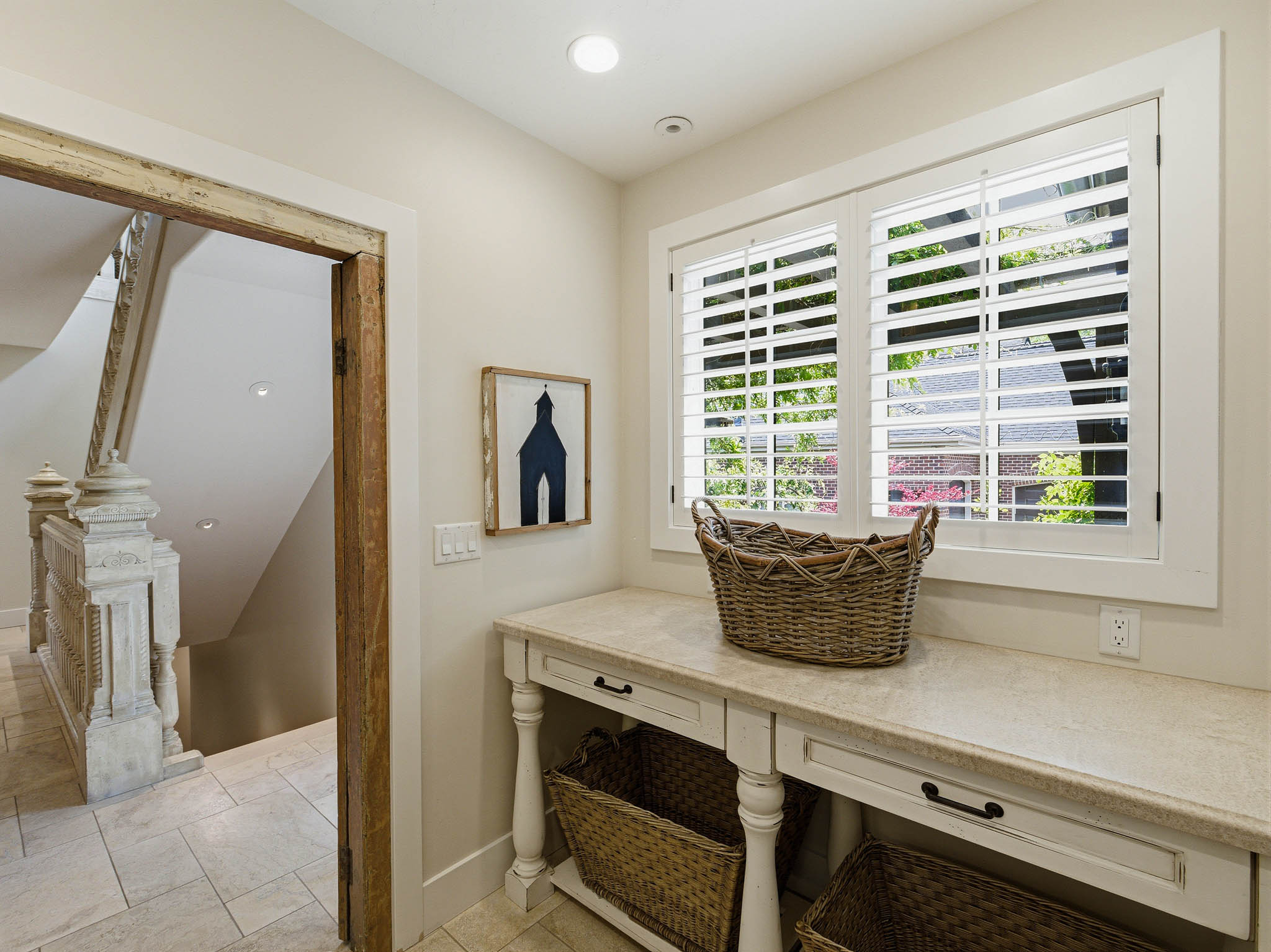 Built-in console table with a stone-finish countertop