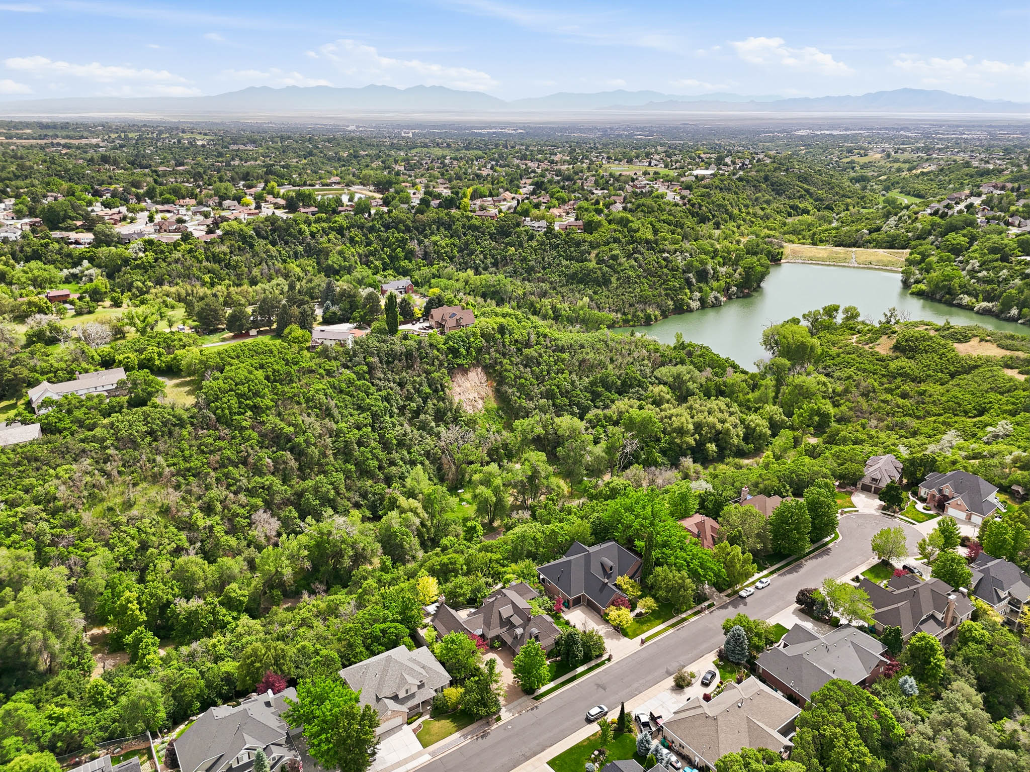 Aerial overview of a residential area featuring a prominent lake surrounded by dense green foliage