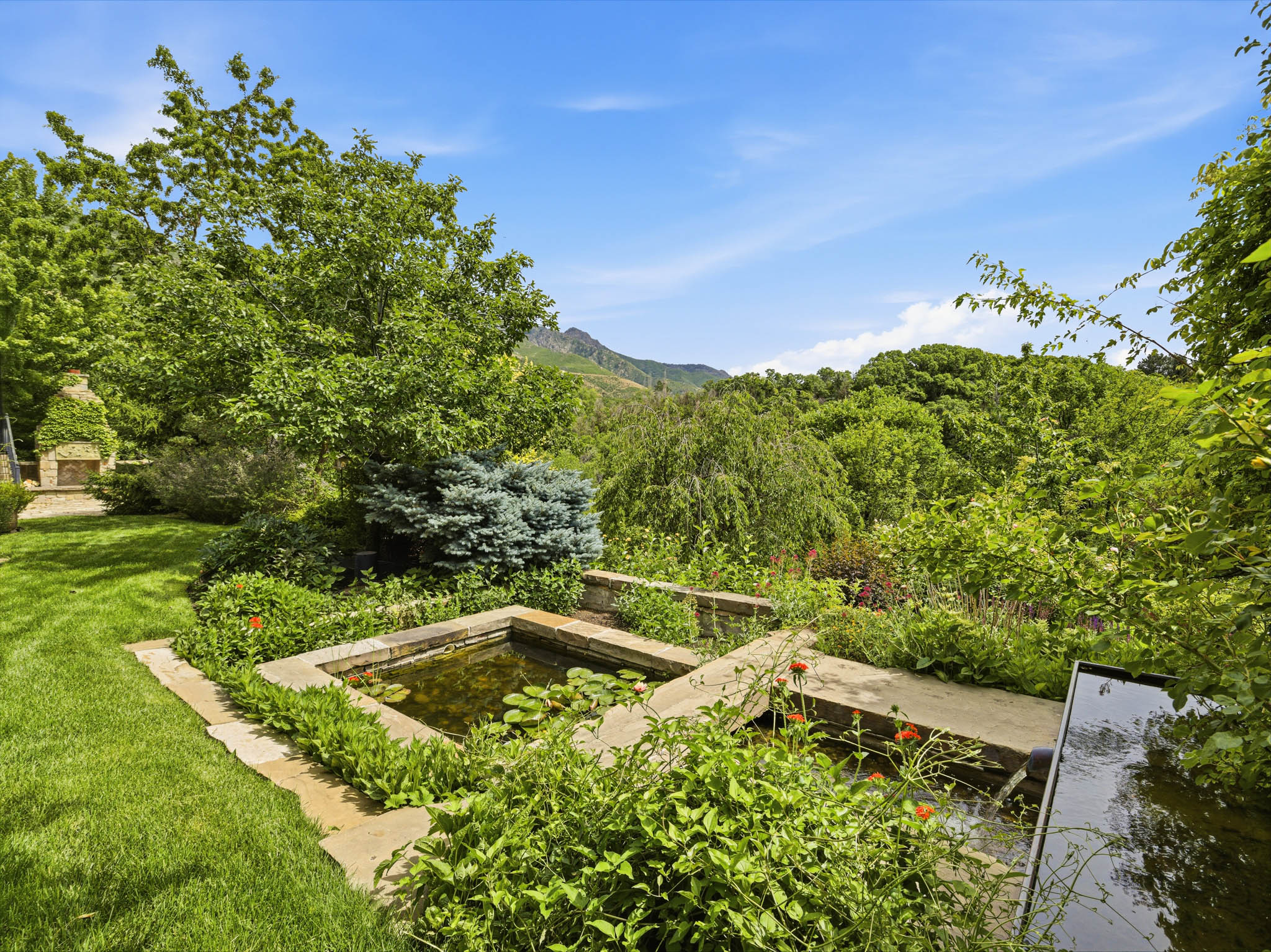 Expansive outdoor space featuring a stone-lined pond with water lilies, a complementary water feature, and lush landscaping