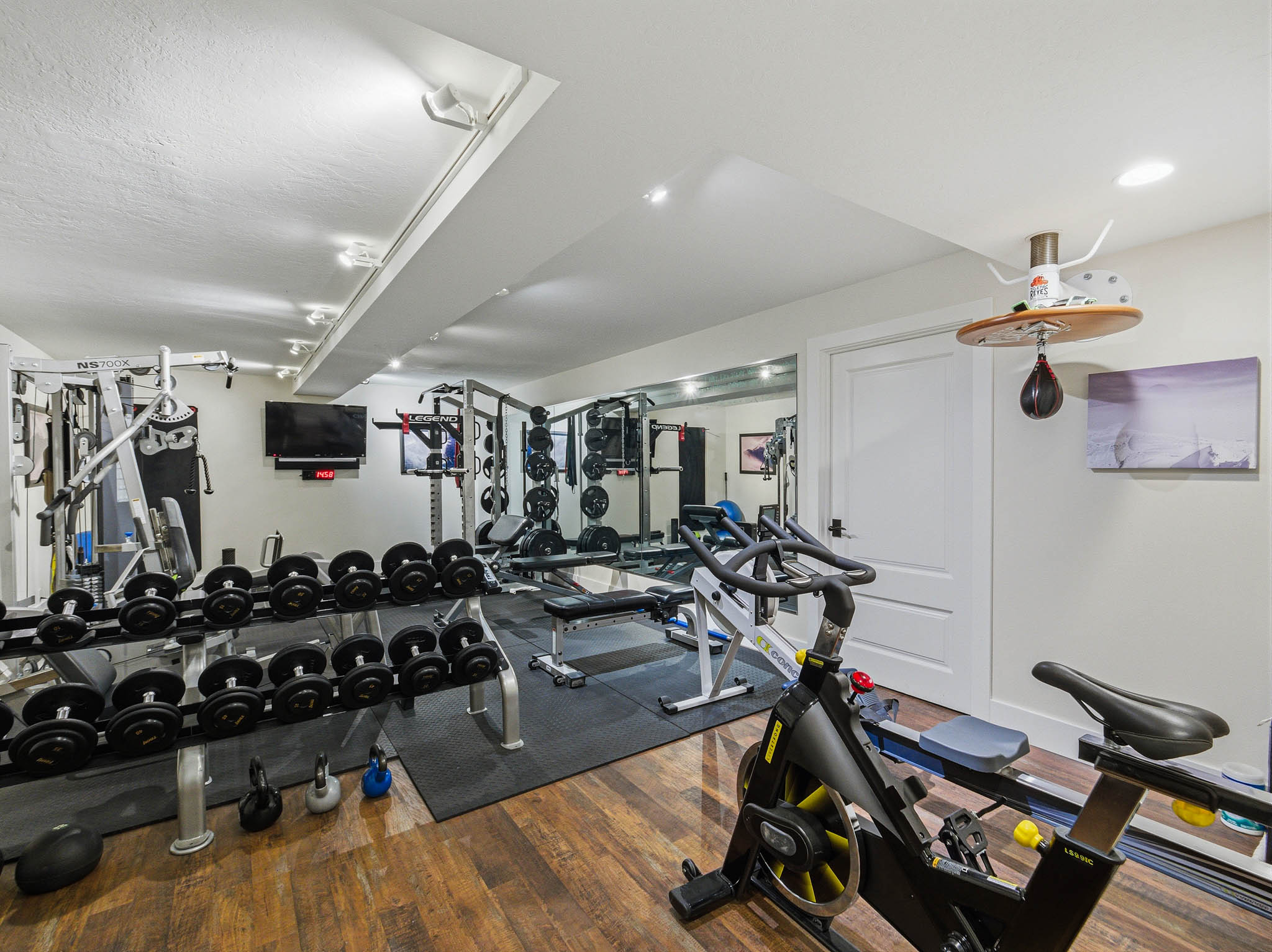 Dedicated fitness room featuring wood-finish flooring, recessed lighting, track lighting, and a white paneled door