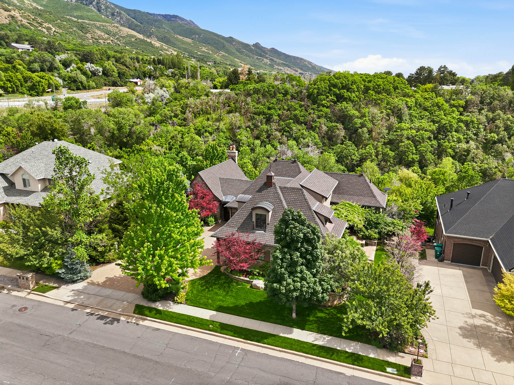 Residential property featuring a multi-gabled roofline and a well-maintained front yard with mature trees