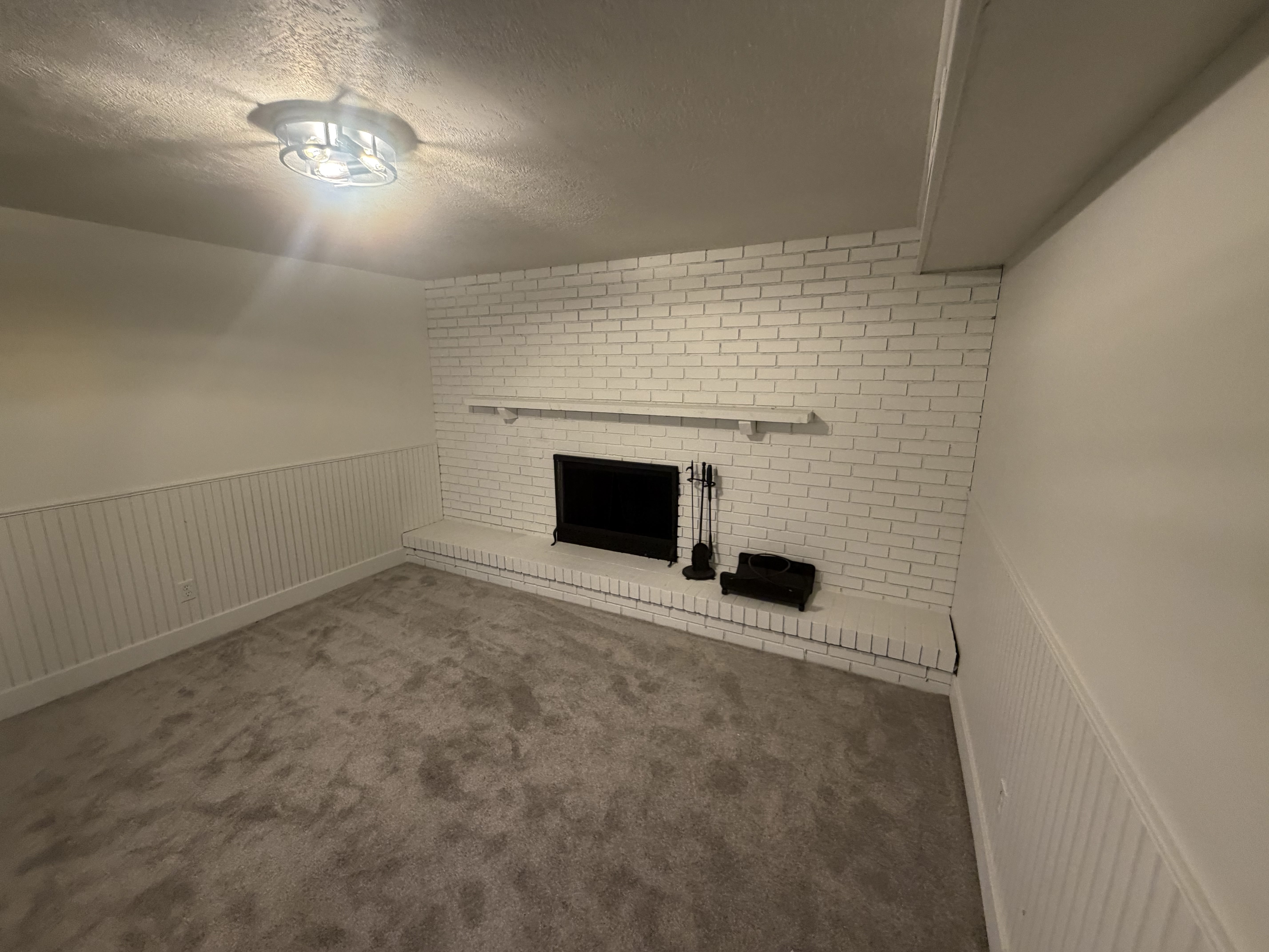 Living space featuring a white painted brick fireplace with a hearth, wall paneling, and neutral carpet flooring