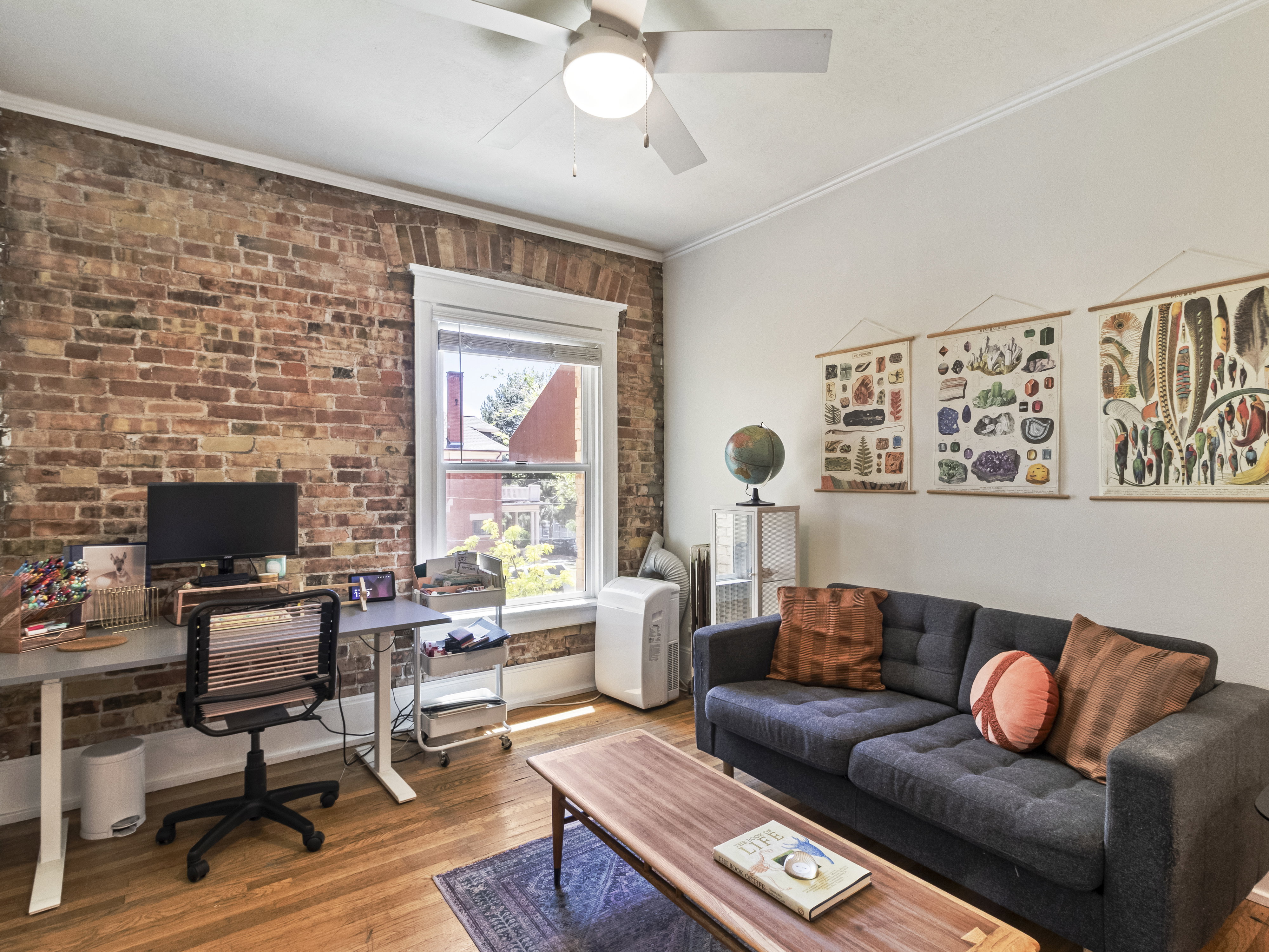 Exposed brick accent wall, wood-finish flooring, ceiling fan with integrated lighting, white trim window, and crisp white walls