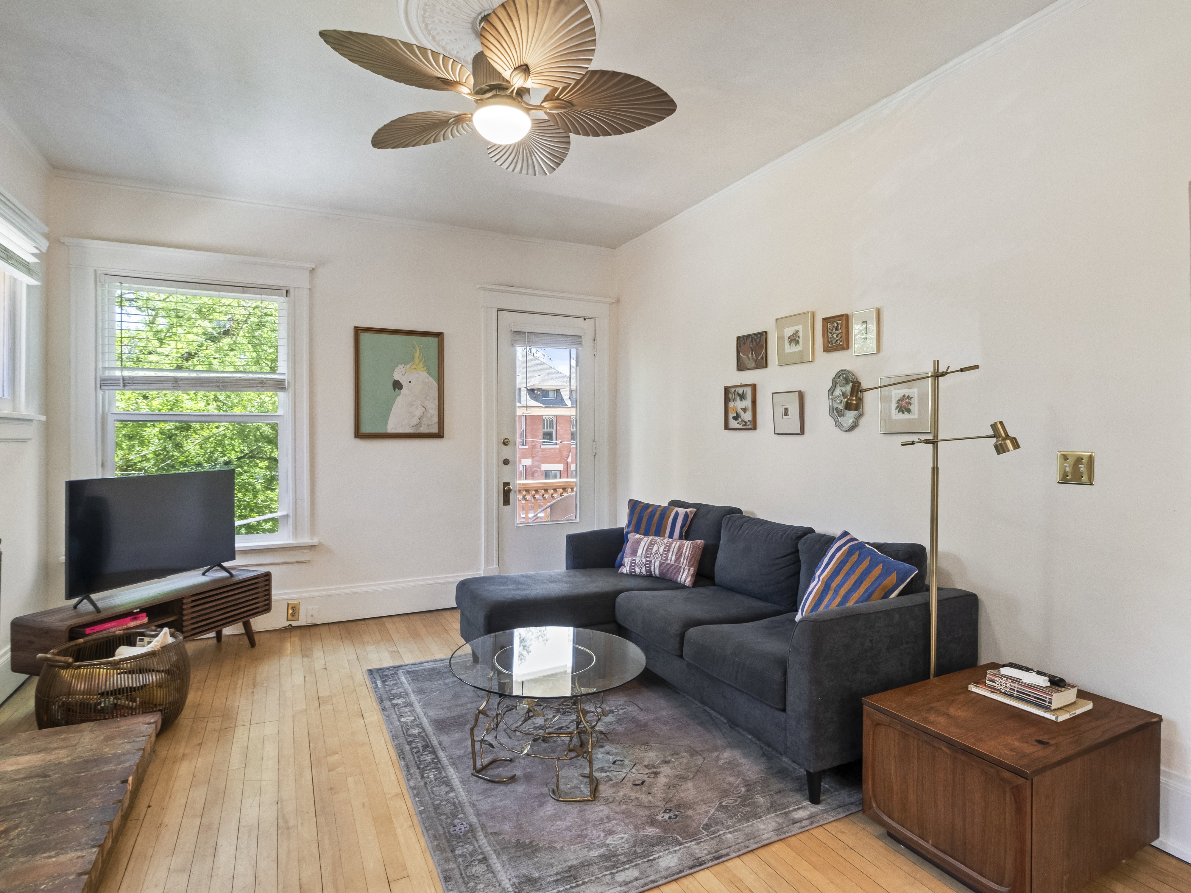 Living space featuring hardwood flooring, white trim, a ceiling fan with light fixture, and abundant natural light from multiple windows